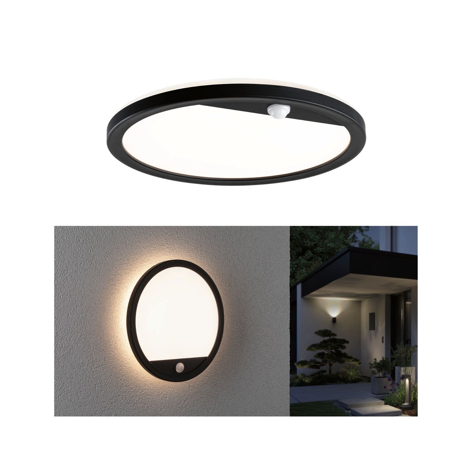 Paulmann LED Außen-Wandleuchte »Außenpanel Lamina rund 280mm 3000K 14,5W 1200lm 230V Kunststoff«, 1 flammig, Backlight Bewegungsmelder seewasserresistent IP44 1200lm