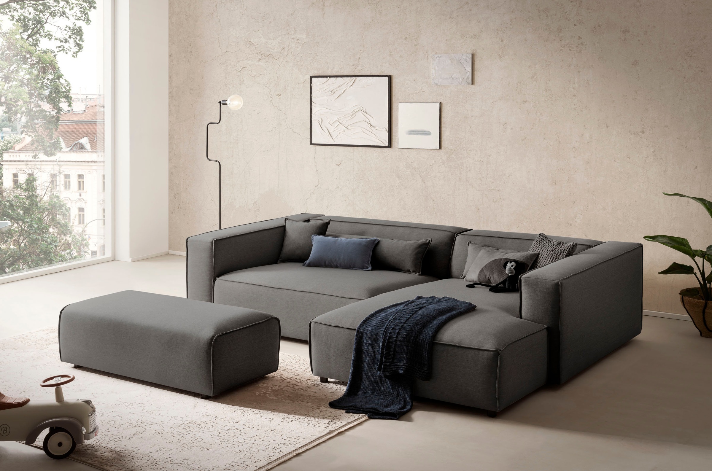 LeGer Home by Lena Gercke Polsterecke »PIARA XXL, L-Form mit Schlaffunktion, Big-Sofa in Cord o. Leinenoptik«, Hocker stellbar zum Schlafsofa (Krokodilverbinder), tiefe Sitzfläche