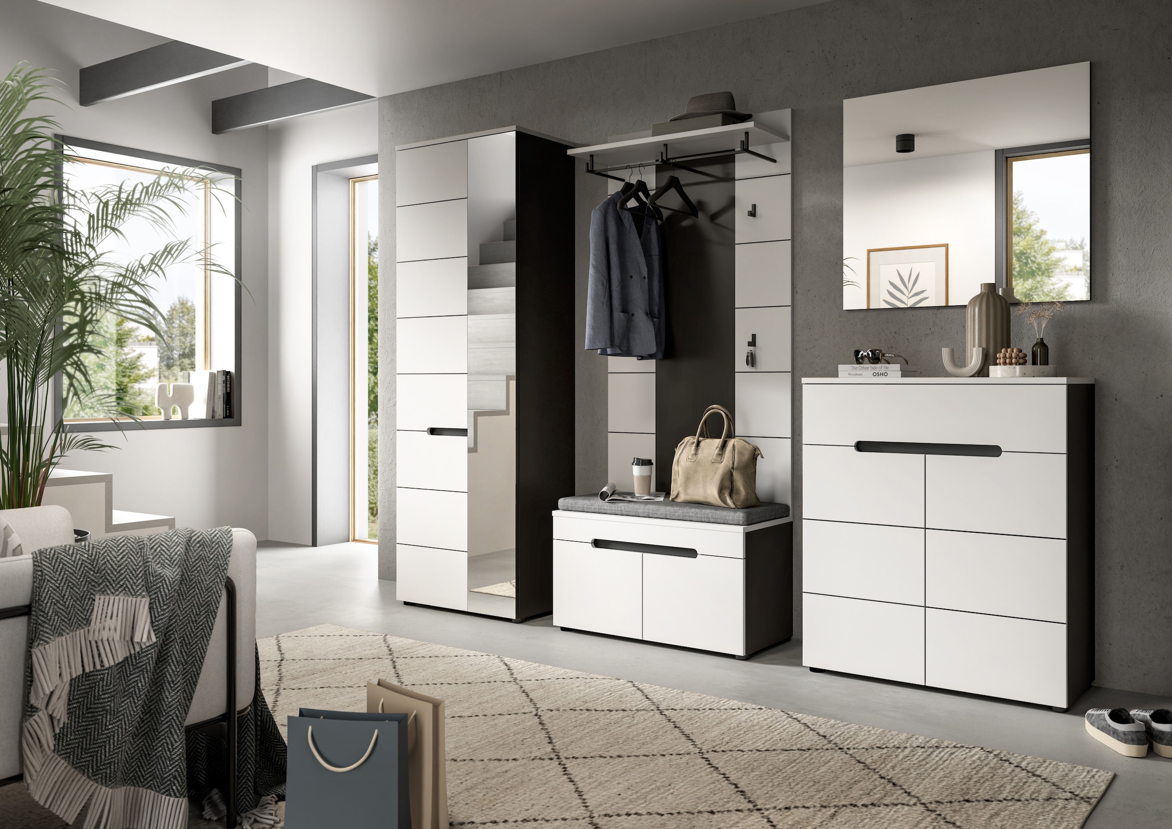 INOSIGN Garderoben-Set, (Set, 6 St., bestehend aus: Schrank, Sitzbank, Sitzkissen, Paneel, Spiegel, Kommode), Garderobenkombination, Kombination, Set, Flurgarderobe, Diele