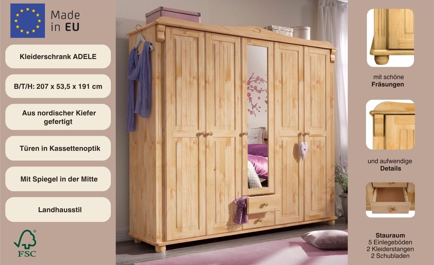 Home affaire Kleiderschrank "Adele" 4 Breiten: 92/130/169/207 H/T ca. 191/5 günstig online kaufen