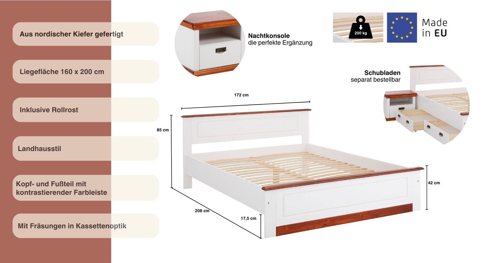 Home affaire Massivholzbett »Madrid, Landhausstil, hohe Belastbarkeit!«, (Breite/Belastbarkeit 180cm/220 KG, 160cm/200 KG, 90cm/=120 KG), aus FSC®-zertifizierter Kiefer, INKLUSIVE Rollrost, Kassettenoptik