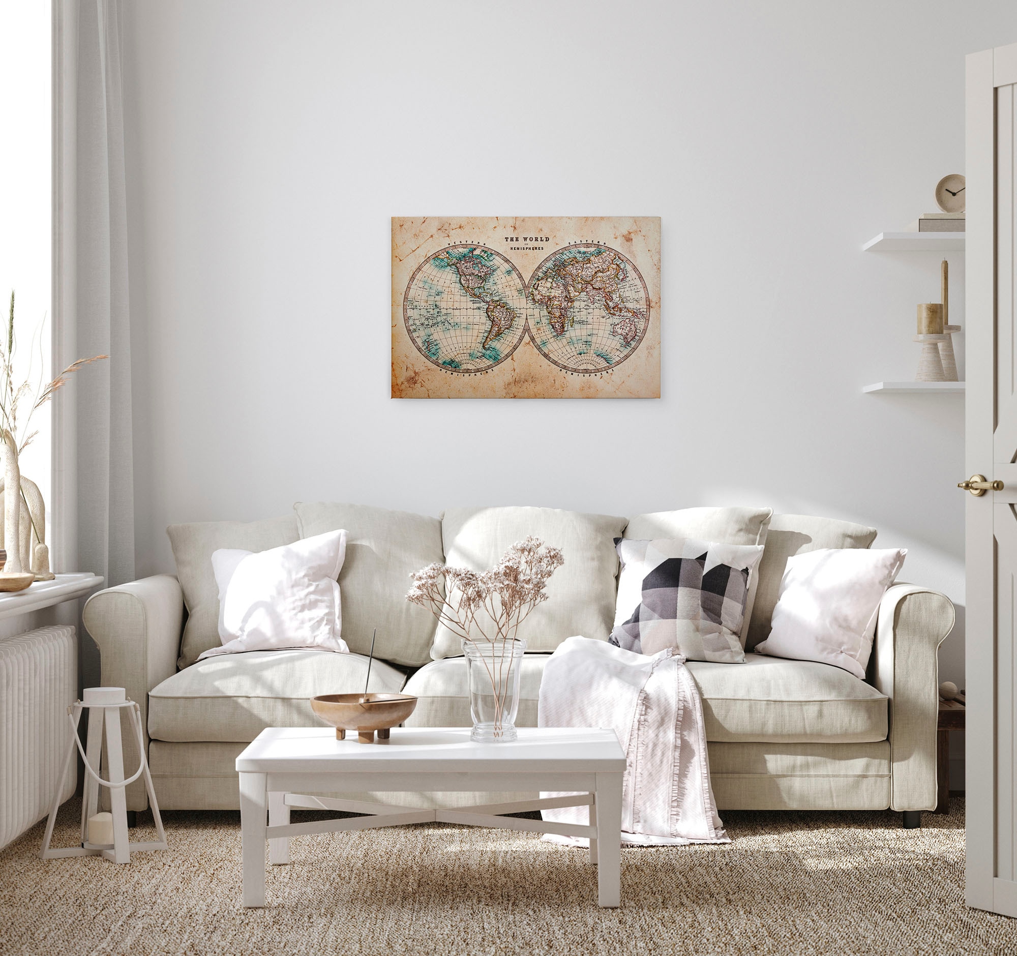 A.S. Création Leinwandbild »Hemispheres«, Kunst-Weltkarte-Kinder, (1 St.), Atlas Weltkarte Antik Vintage Keilrahmen Leinwand-Bild Wohnzimmer Wand