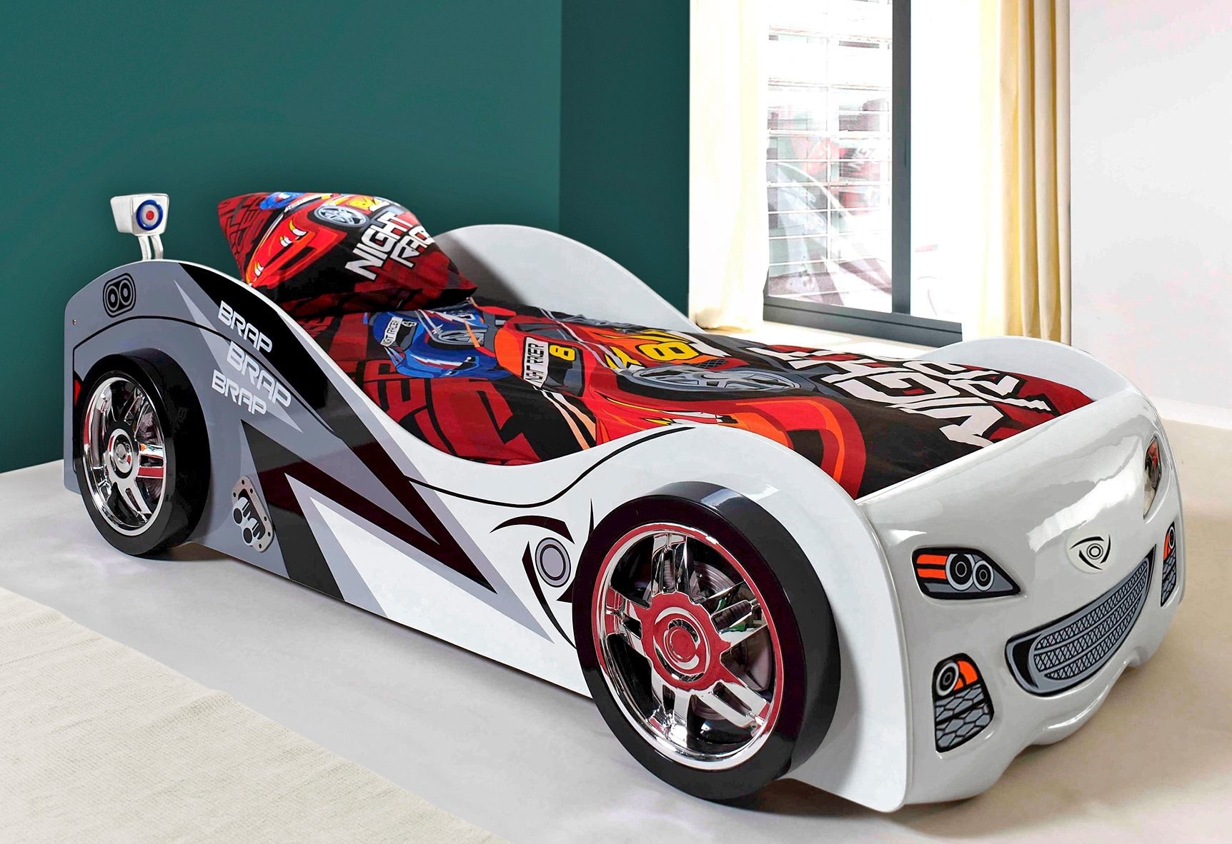 Vipack Autobett »Liegefläche 90/200, Räder Mit Felgen-Optik, Schickes Design« B/H/T Ca. 240x65x110cm, Hochglanz Weiß/grau Lackiert, Mit