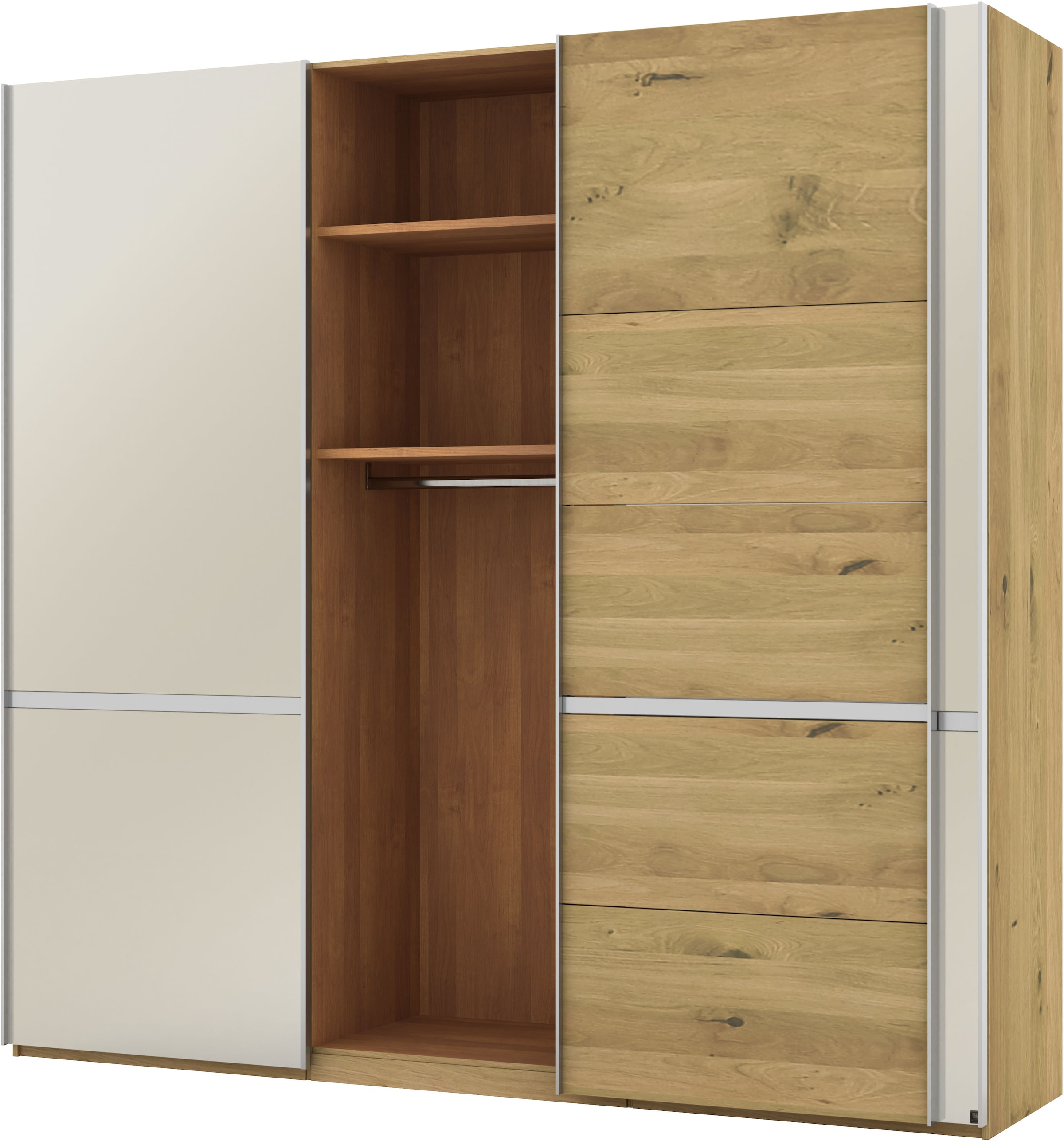 Musterring Schwebetürenschrank »Savona, Kleiderschrank, Schrank, Garderobe, mit Schiebetüren«, (Teilmassiv Bianco-Eiche, mit Spiegel oder Glas, MADE IN GERMANY), Türen Bianco-Eiche massiv, Spiegel-/Glastüren, eingelegte Chromleiste