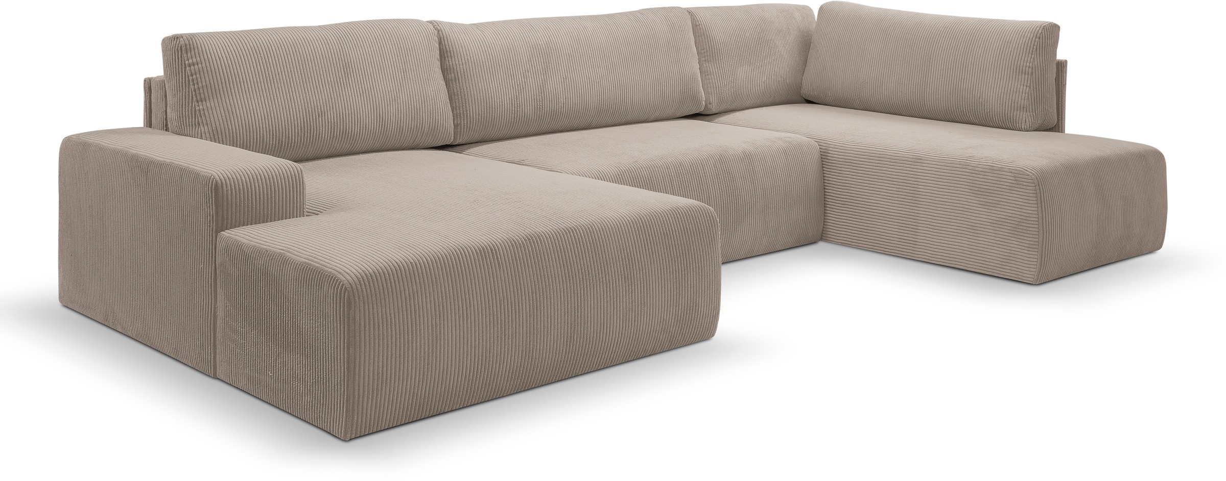 WERK2 Wohnlandschaft »Rotterdam-U, U-Form, in kuschelweichem Cord oder Breitcord«, Design Sofa mit Schlaffunktion & Bettkasten, Cord, Hellgrau/Beige
