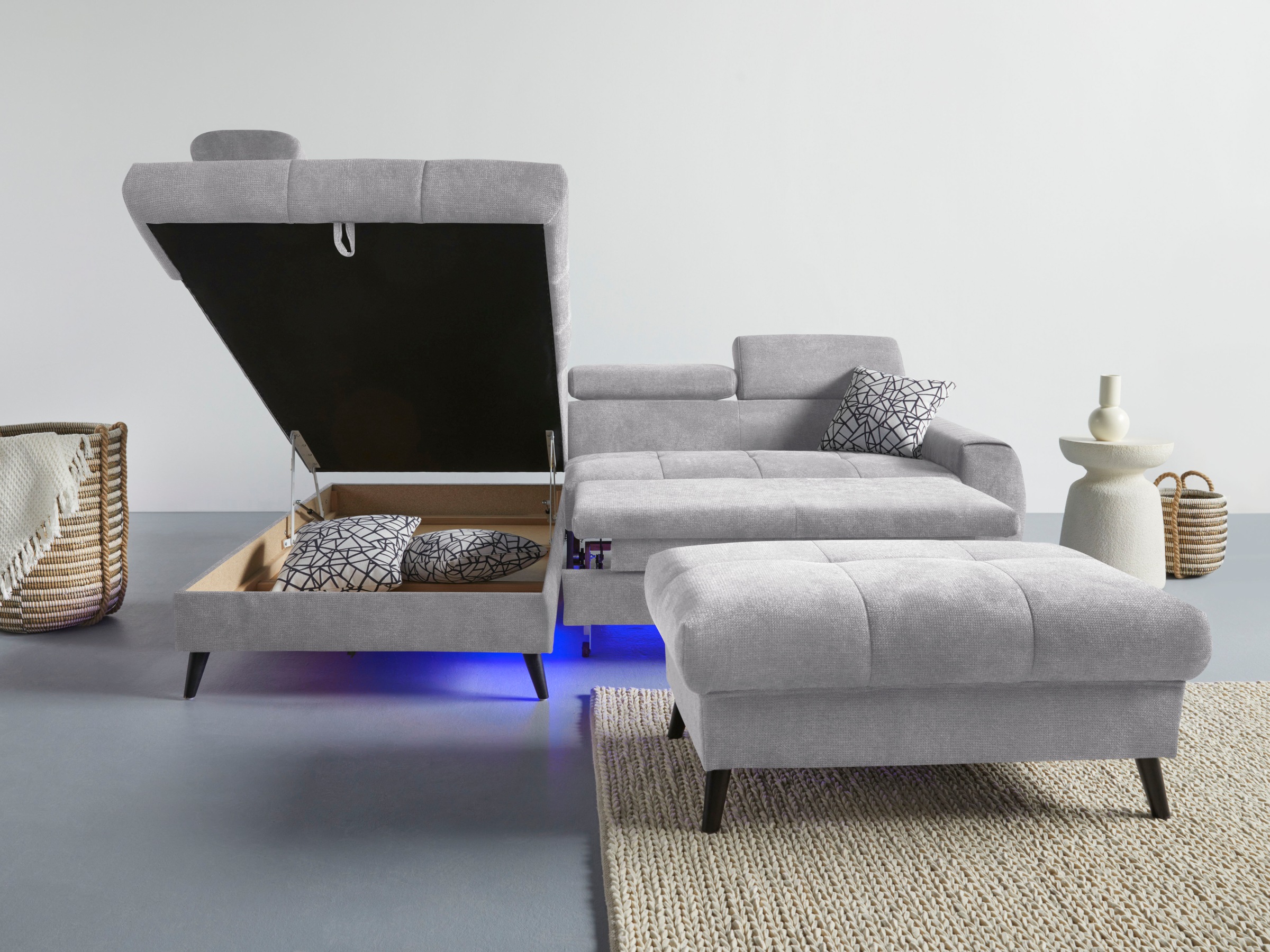 COTTA Ecksofa »Mia L-Form mit 3 Zierkissen«, wahlweise mit Bettfunktion, Bettkasten, Beleuchtung & Wireless-Charger