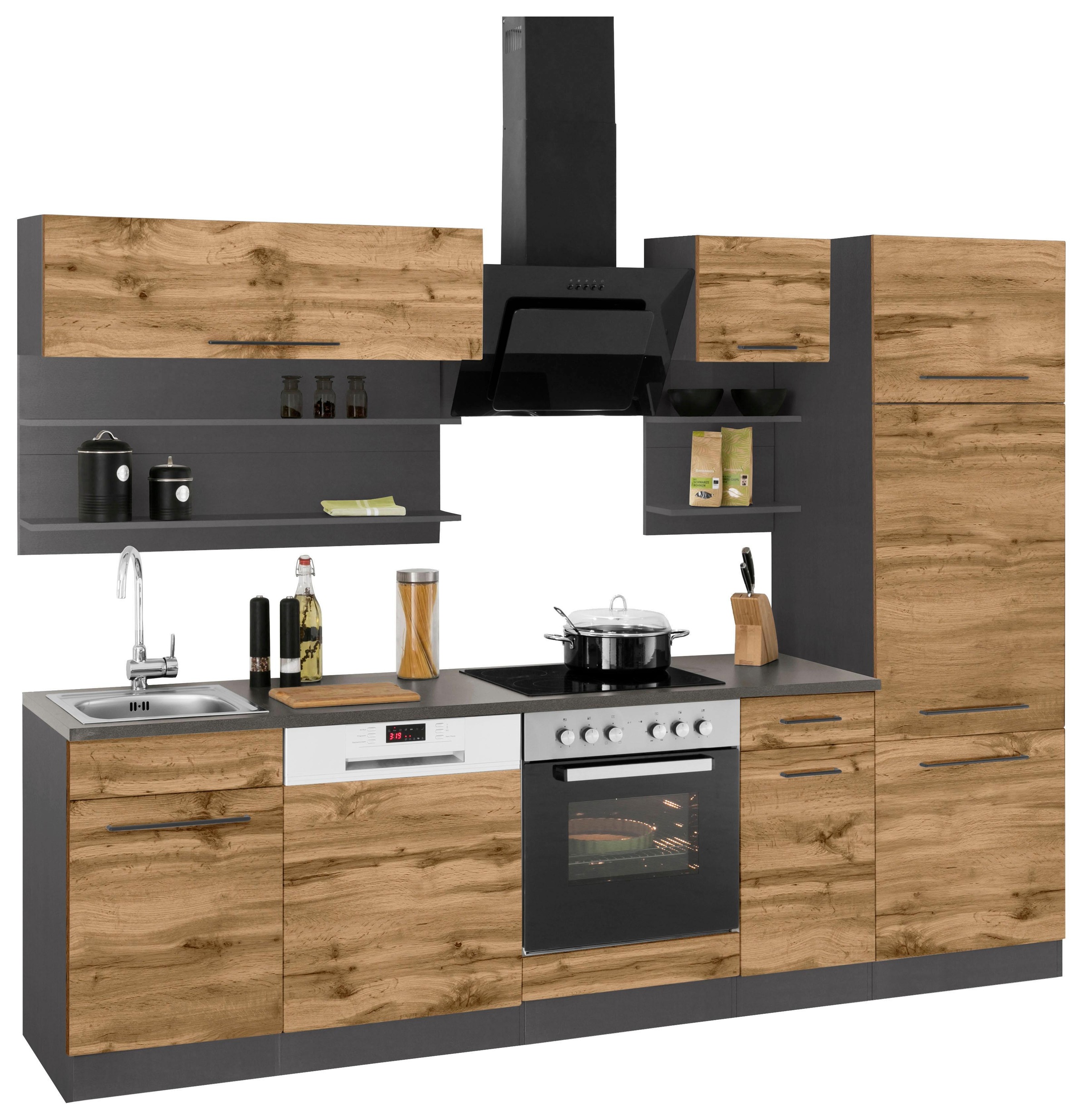 KOCHSTATION Küchenzeile »KS-Tulsa« mit E-Geräten, Breite 270 cm, schwarze Metallgriffe, MDF Fronten