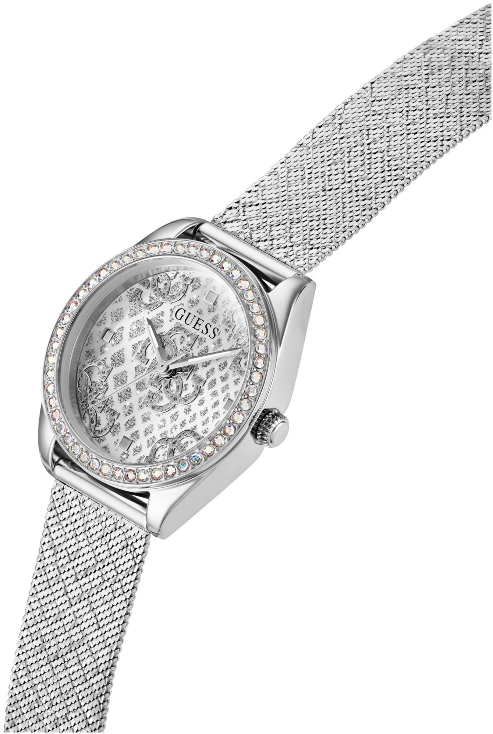 Guess Quarzuhr »BOA«, Armbanduhr, Damenuhr, Kristallsteine, Mineralglas, Edelstahlarmband