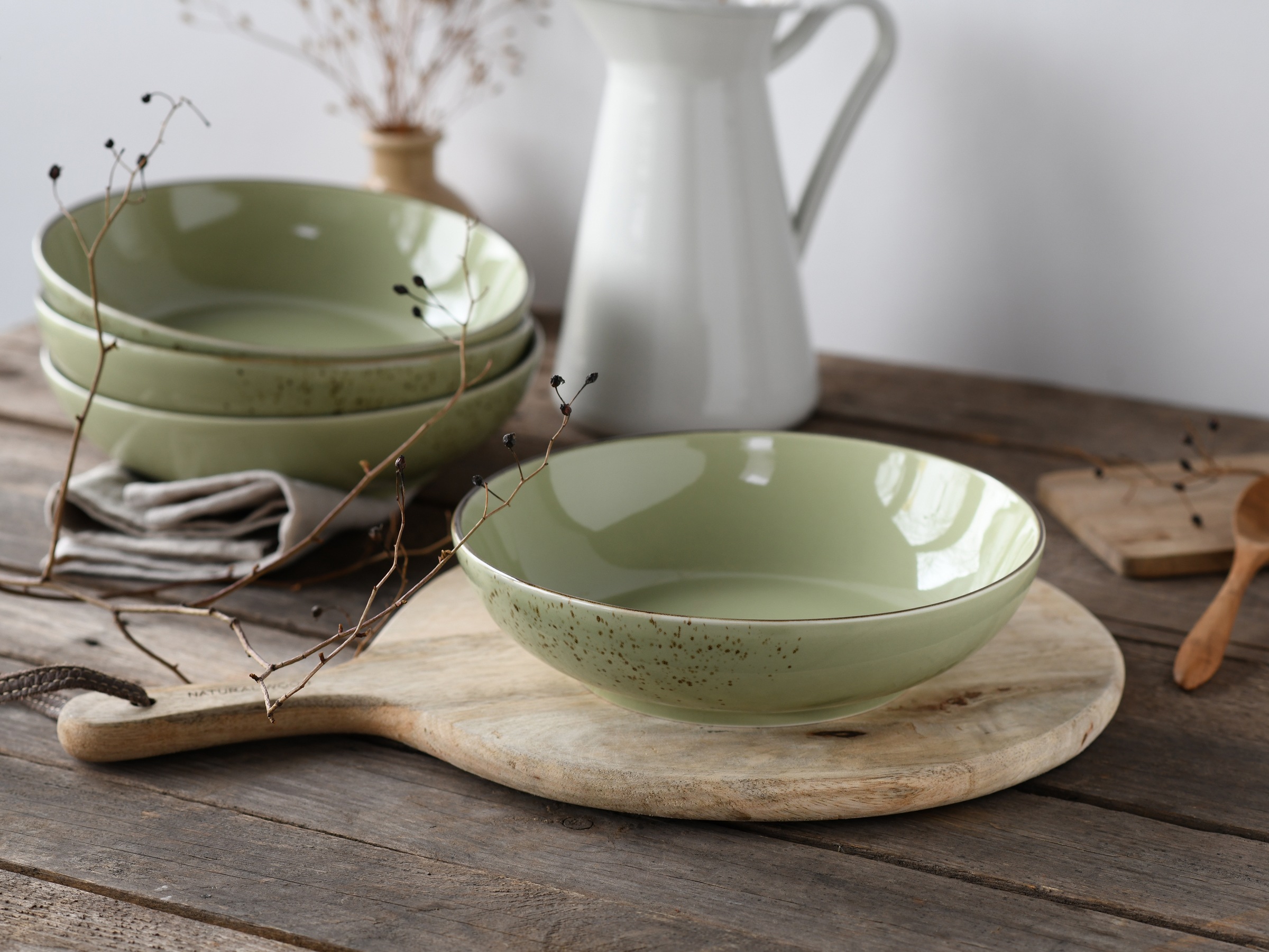 CreaTable Schale »Nature Collection, Poke Bowl, Ø 22,5 cm, 4-tlg«, 4 tlg., aus Steinzeug, Handwerklicher Look, Vintage, Höhe 5 cm