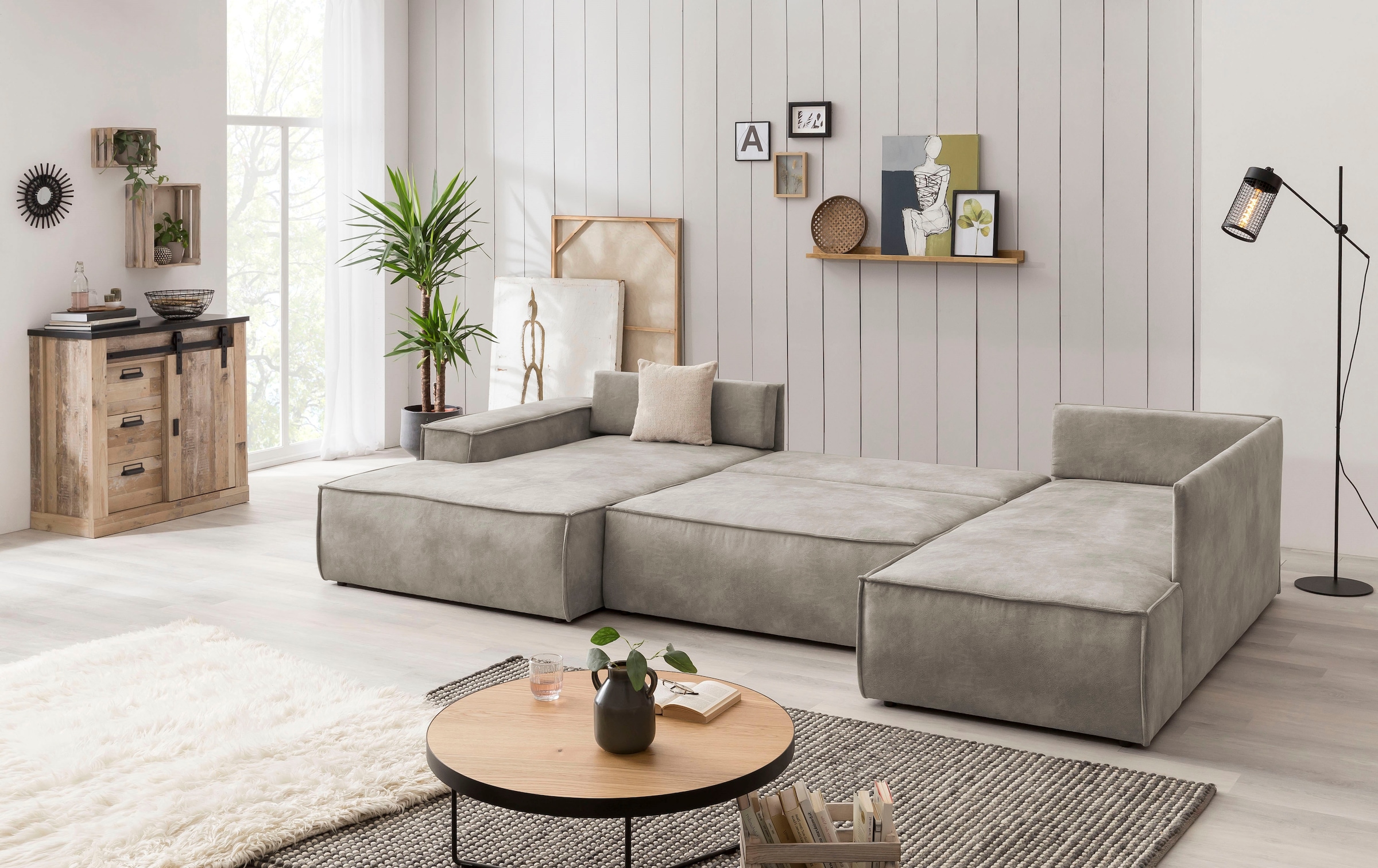 Home affaire Wohnlandschaft »SHERWOOD 329 cm, U-Form, Schlafsofa,«, Schlaffunktion m. Bettkasten (194x139 cm), Cord, Vintage, Samtvelours