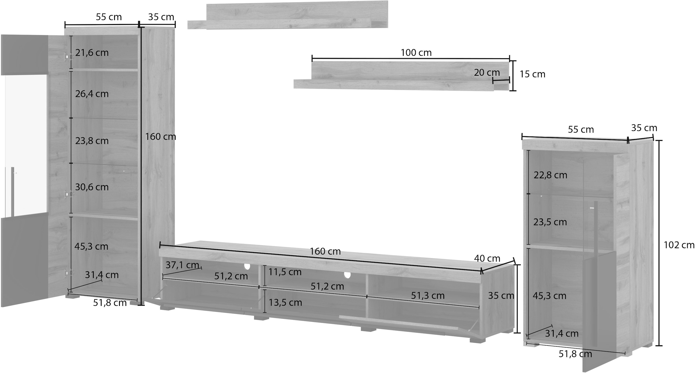 INOSIGN Wohnwand »Roger,Breite 270 cm moderne Mediawand ohne Beleuchtung«, (Set, 5 St.), Anbuwand (Set,5-St) viel Stauraum, Vitrinen mit Glastür