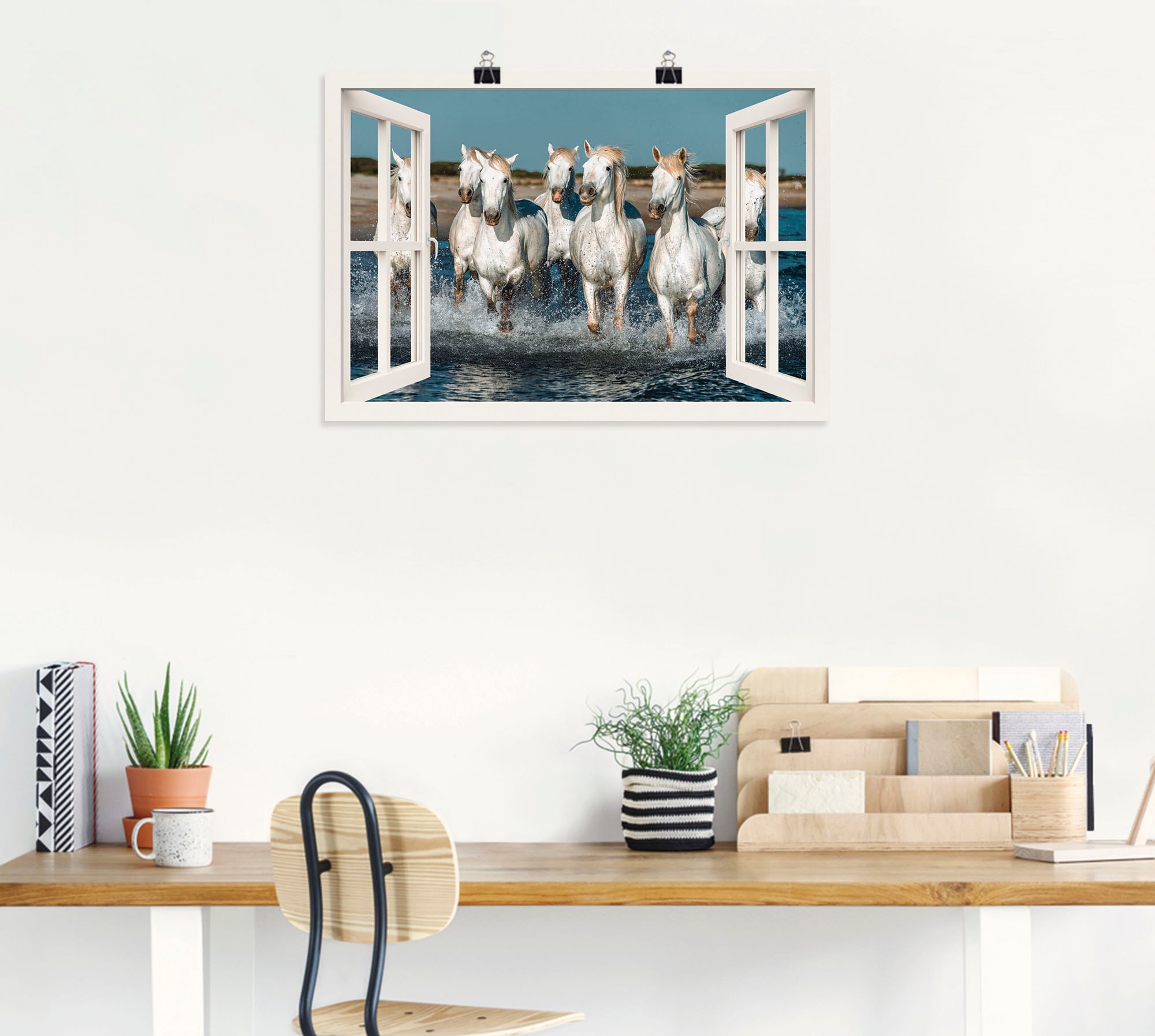 Artland Poster »Fensterblick Pferde am Strand«, Haustiere, (1 St.), als Alubild, Leinwandbild, Wandaufkleber oder Poster in versch. Größen