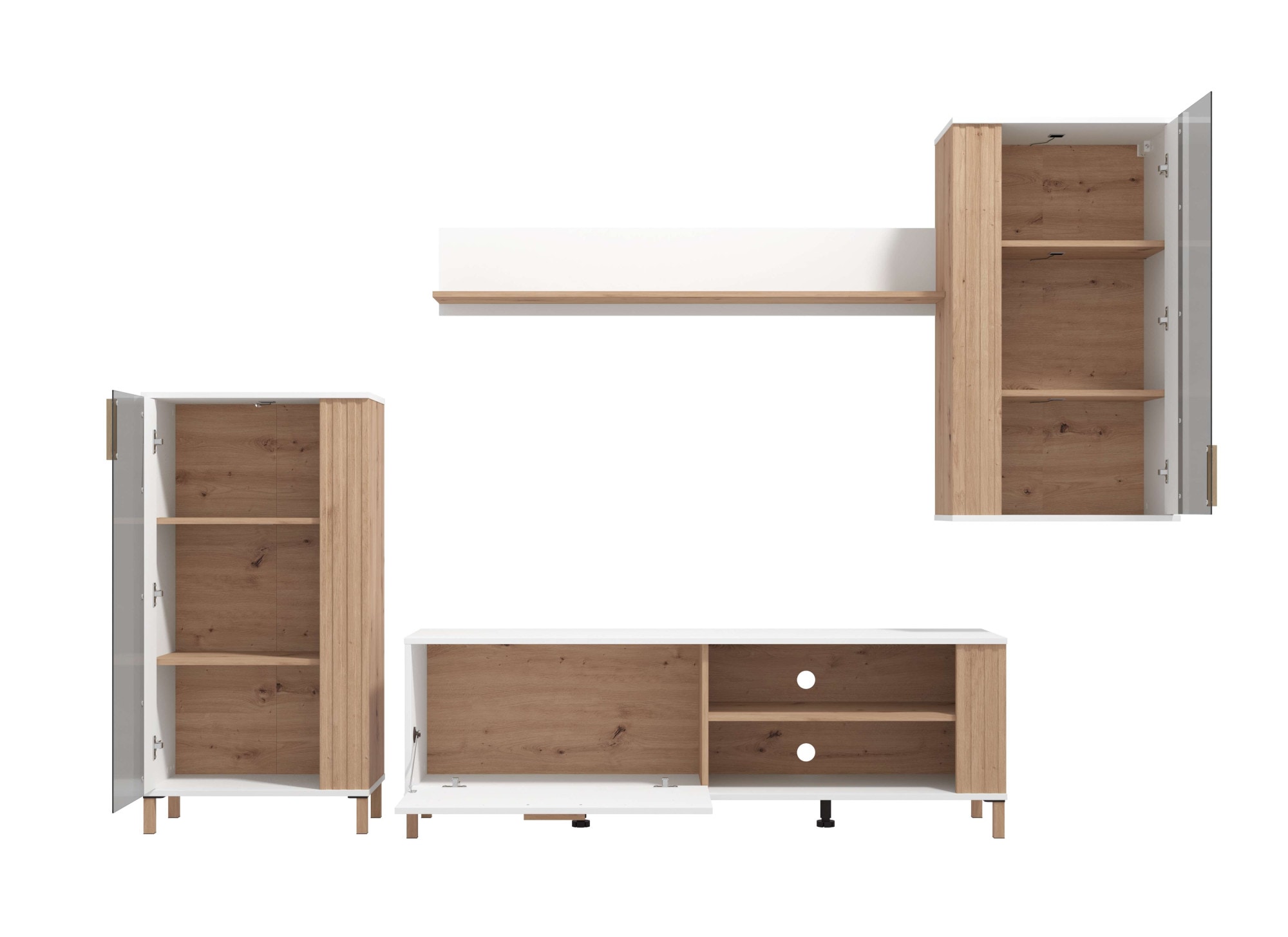 INOSIGN Wohnwand »Bastia Wohnwand, Mediawand, Anbauwand, mit MDF-Profilen, Breite 281 cm«, (Komplett-Set, 4 St., 4-st), Set besteht aus 1 Vitrine, 1 TV-Board, 1 Hängevitrine und 1 Wandregal