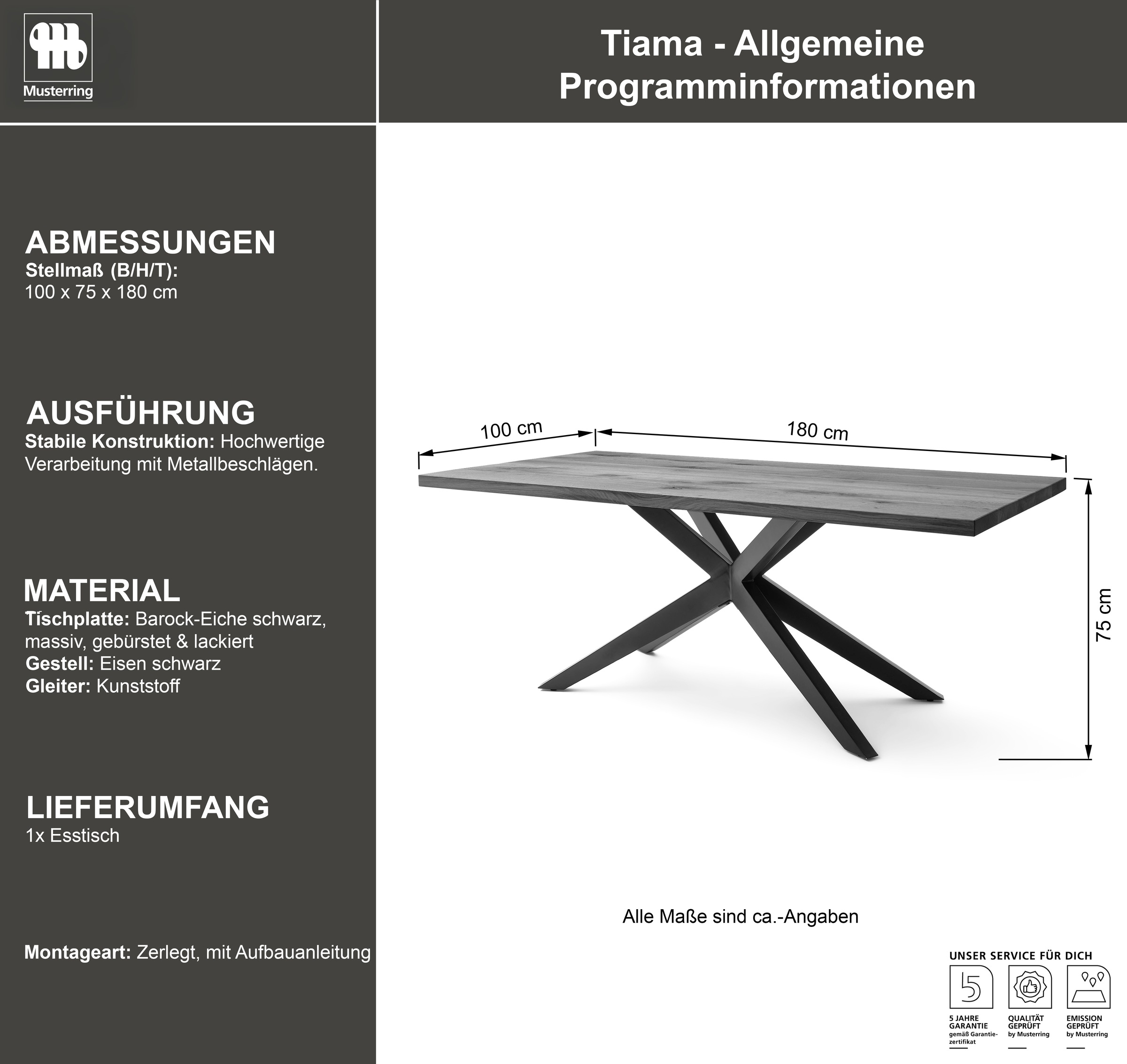 Musterring Esstisch »Tiama«, mit fester Platte in Barock-Eiche massiv, 40mm, Eisengestell schwarz