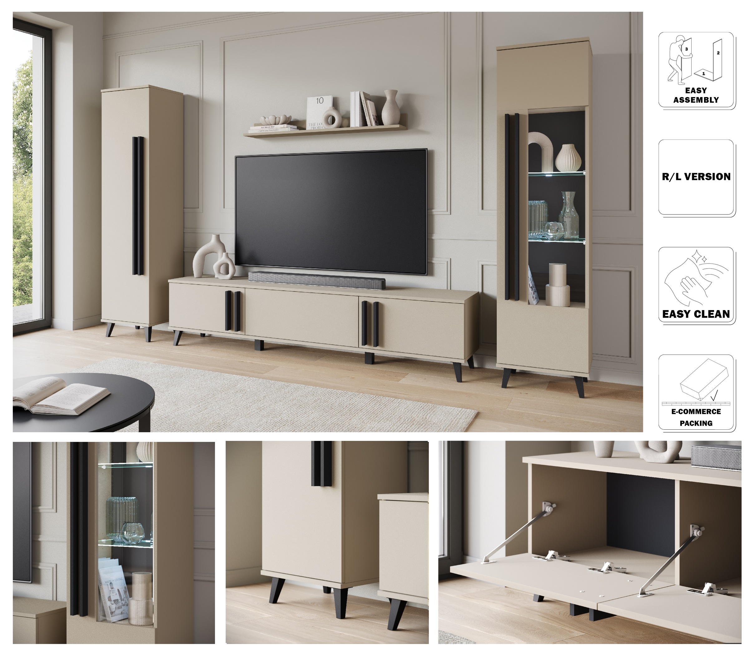 INOSIGN Wohnwand »Helsinki, Modernes Set mit verglaster Vitrine«, (Komplett-Set, 4 St.), mit lamellengriffen, verstellbaren Einlegeböden und Kunststofffüßen