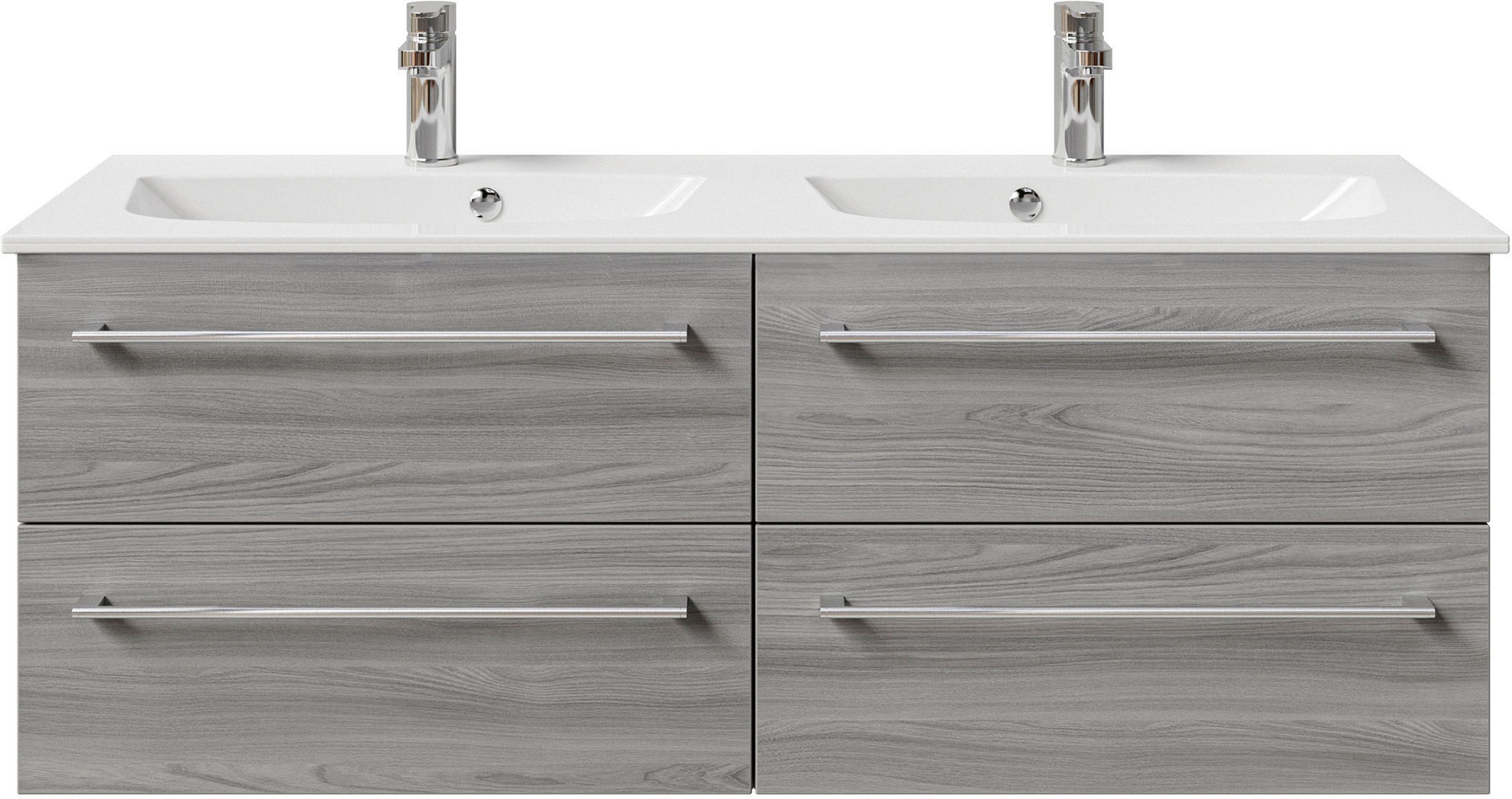 Saphir Badmöbel-Set »Serie 6025 2-teilig Mineralmarmor-Waschtisch mit LED-Spiegelschrank«, (2 St.), Waschplatz 132cm breit, 4 Schubladen, 2 Spiegel-Türen, inkl Türdämpfer
