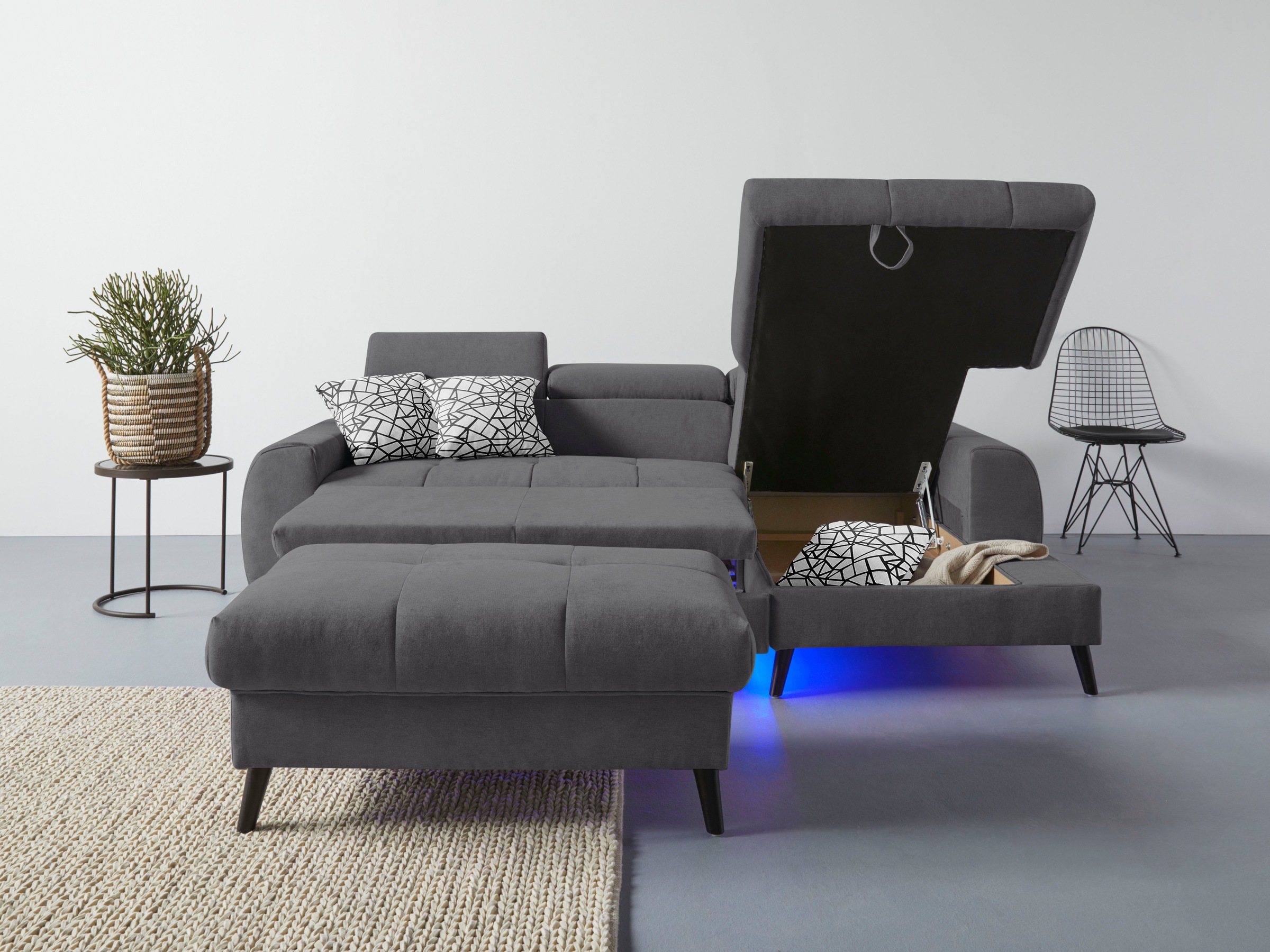 COTTA Ecksofa »Mia L-Form mit 3 Zierkissen«, wahlweise mit Bettfunktion, Bettkasten, Beleuchtung & Wireless-Charger