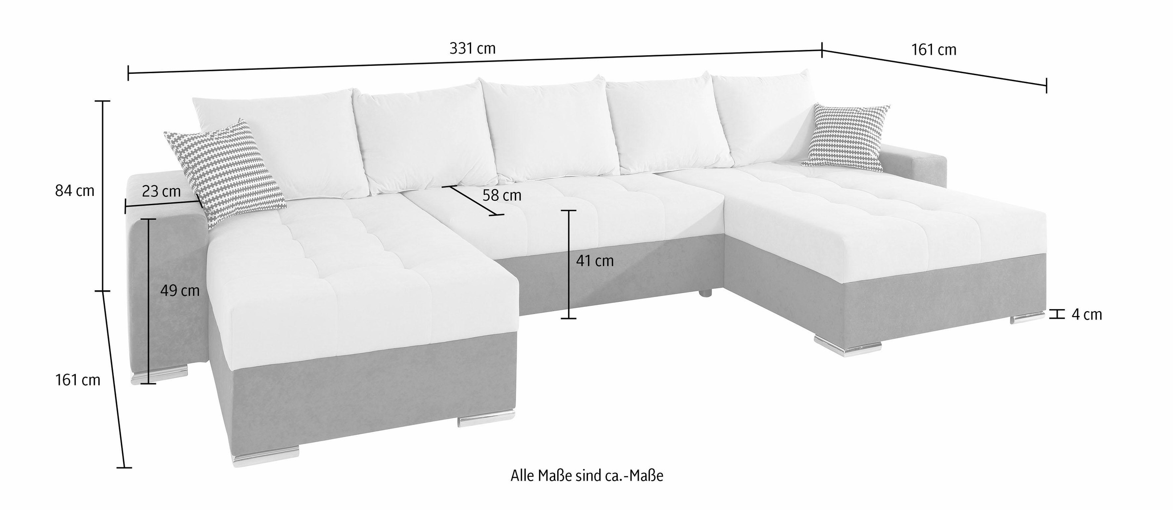 COLLECTION AB Wohnlandschaft »XXL-Josy U-Form, Breite 333 cm, mit 2 Recamieren 77 & 97 cm«, inkl. Bettfunktion, Bettkasten, mit 5 gleich großen Rückenkissen