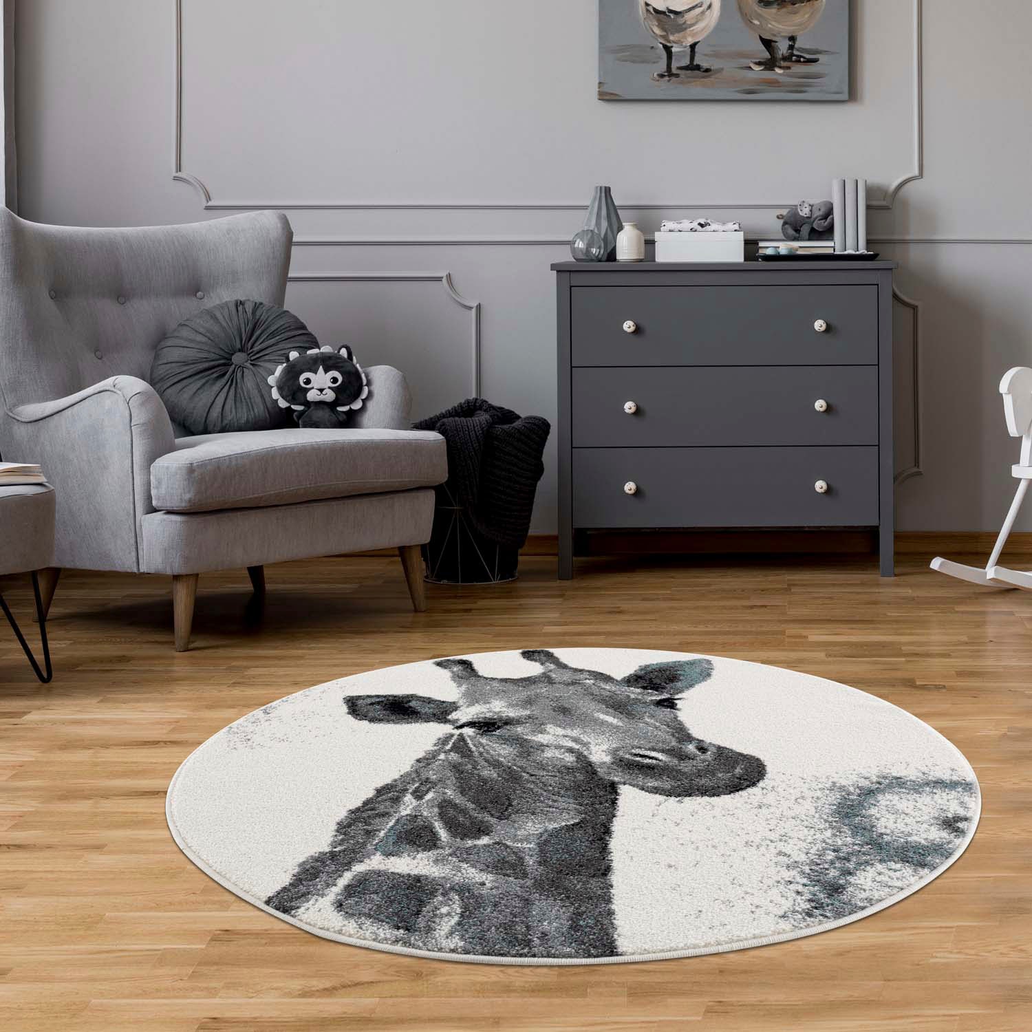 Carpet City Kinderteppich »Savanna 9370«, rund, 11 mm Höhe, Spielteppich, Teppich, Giraffe, Creme/ Grau, Kurzflor
