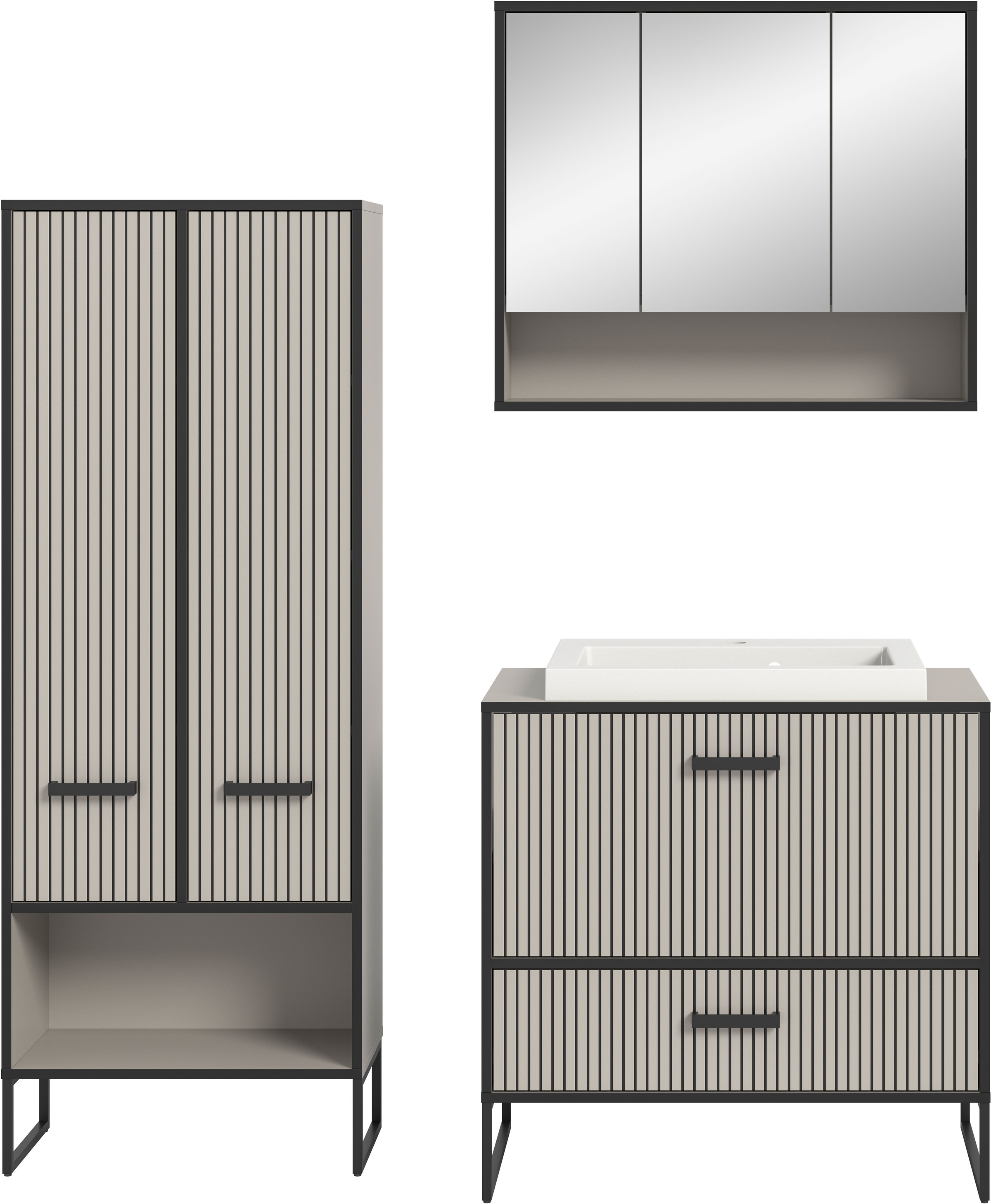 welltime Badmöbel-Set »Locri, Breite 154 cm, Rillenoptik, Metallkufen«, (3 St.), best. aus: Hochschrank, Spiegelschrank, Waschtisch
