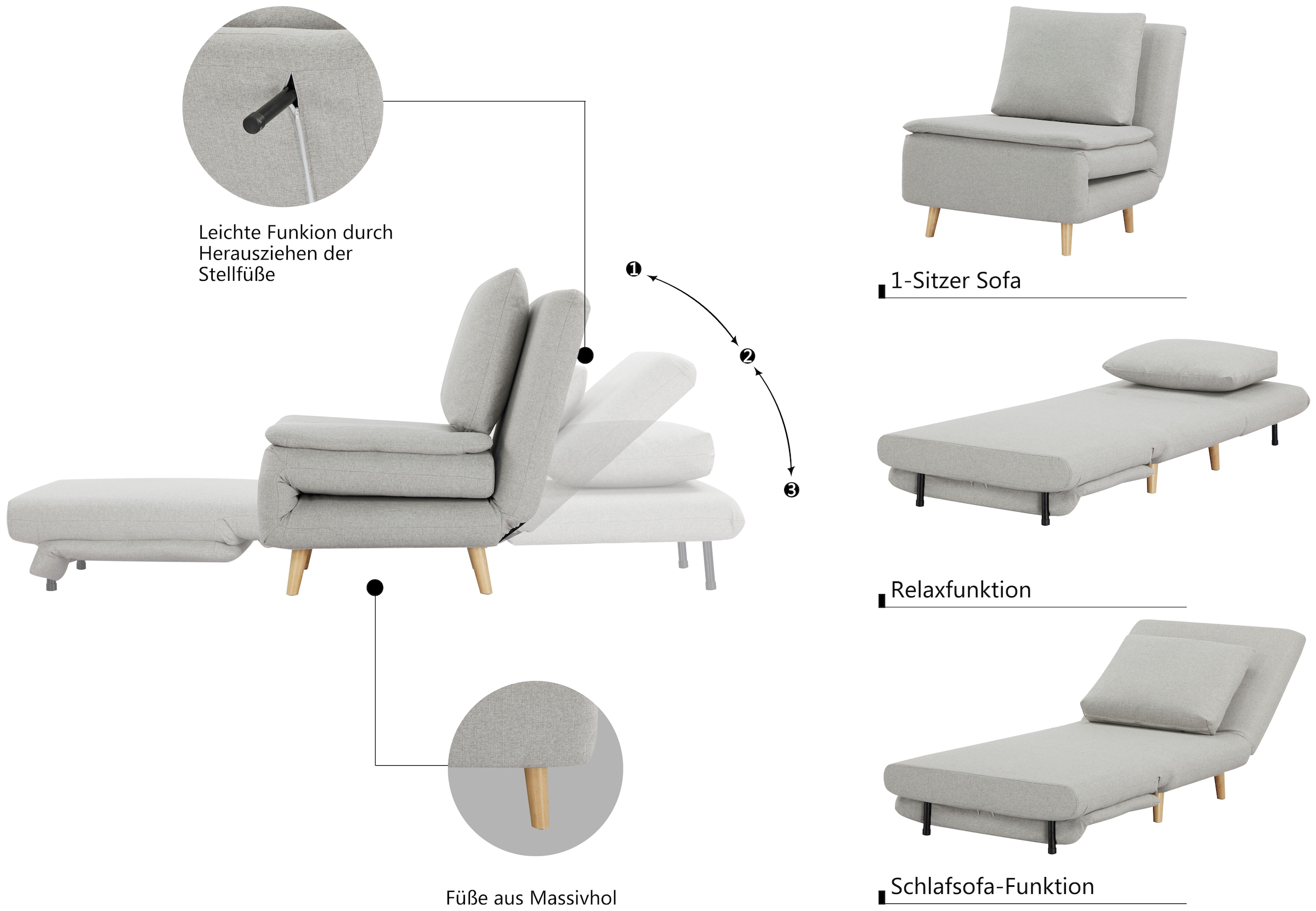 INOSIGN Sessel »AINSLEY«, wandelbar zum Gästebett, Schlafsofa, Webstoff u. Cord-Bezug