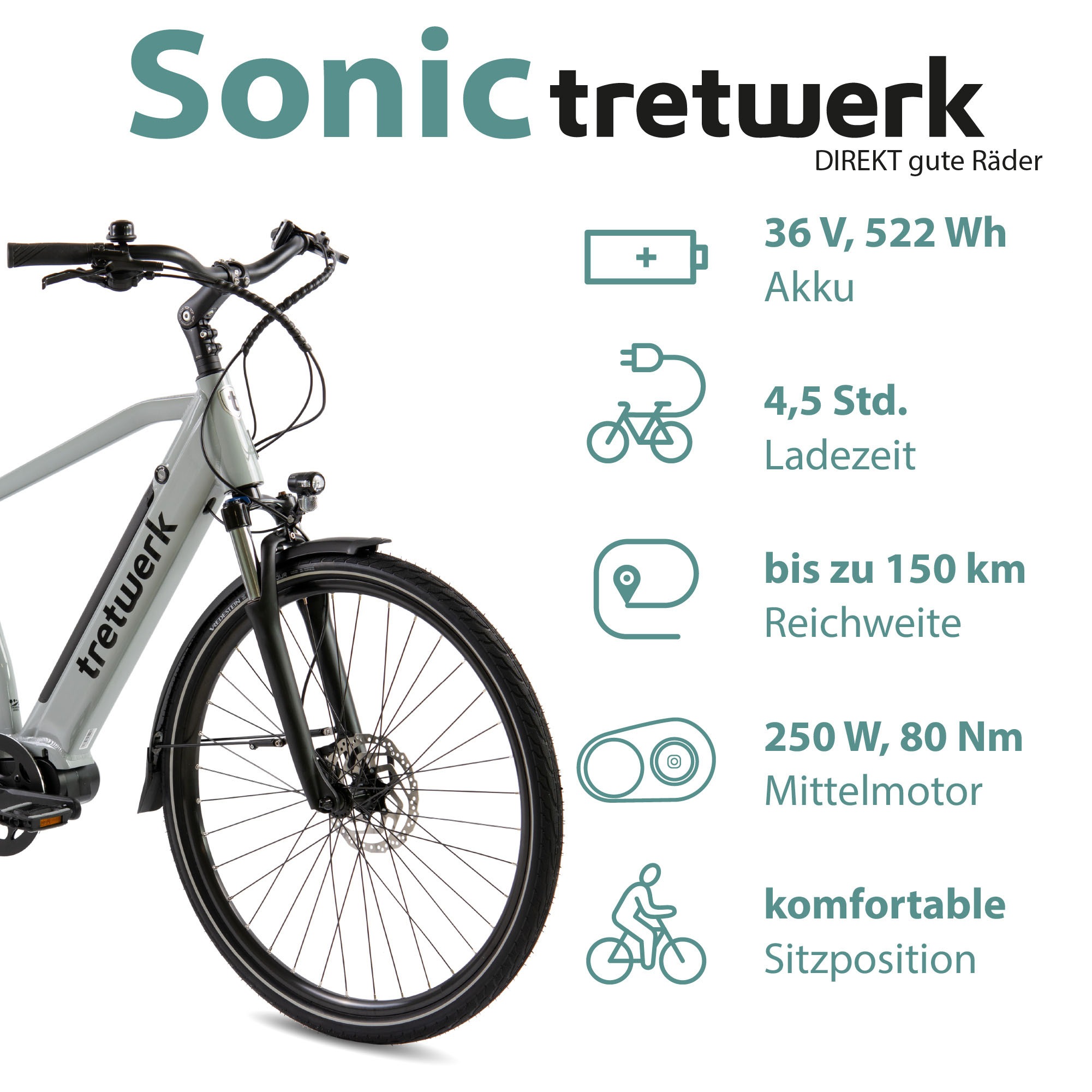Tretwerk E-Bike »Sonic«, 8 Gang, Shimano, Acera M3020 SGS, Mittelmotor 250 W, Pedelec, Elektrofahrrad für Damen u. Herren
