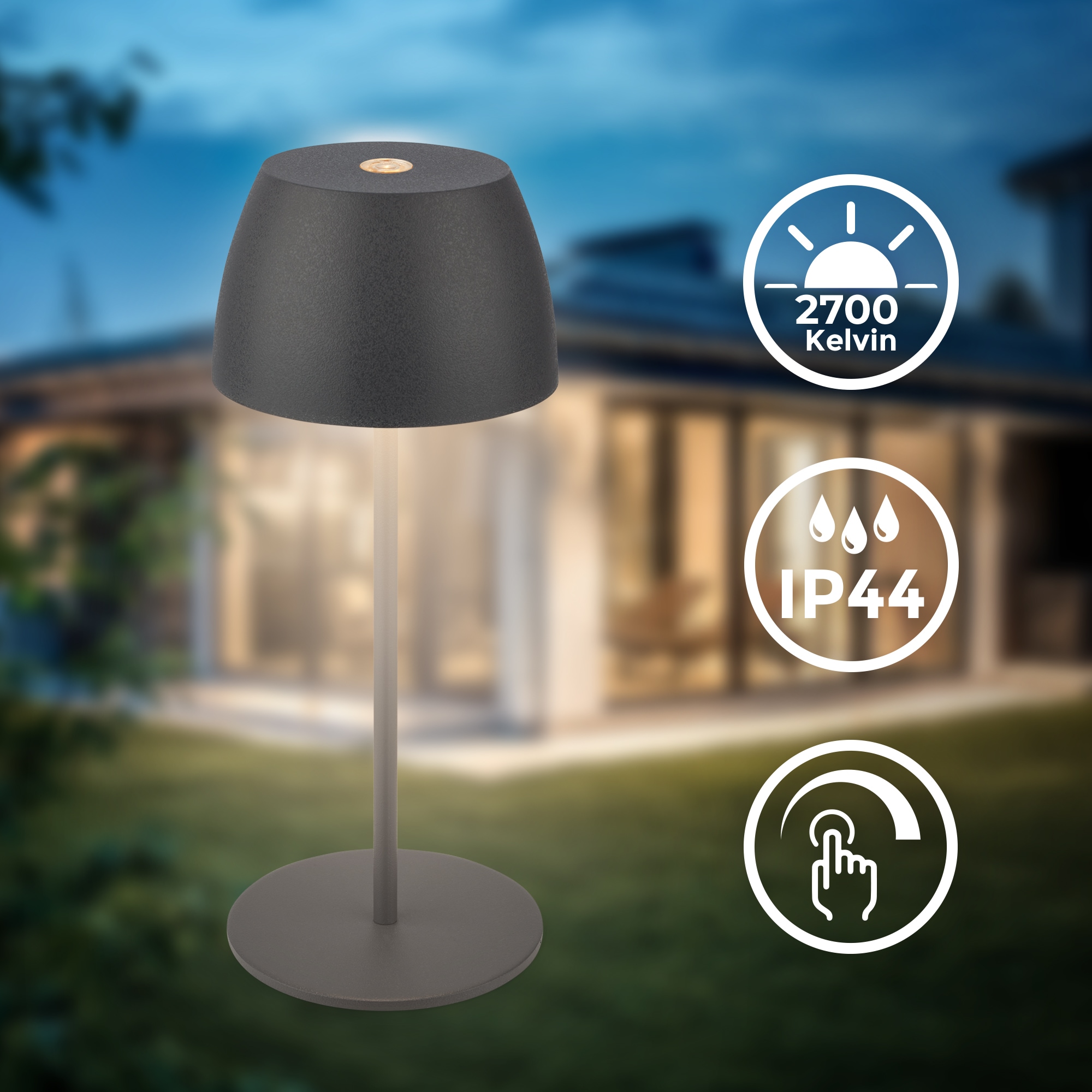 B.K.Licht Außen-Tischleuchte »BK_TL1606 Mini Akku LED Tischlampe, Touchdimmer, mit USB-C«, 1 flammig, Leuchtmittel LED-Modul | LED fest integriert, 2.700 K, 150Lm, 2,5W, Akku wechselbar, max. 24h Leuchtdauer, Anthrazit