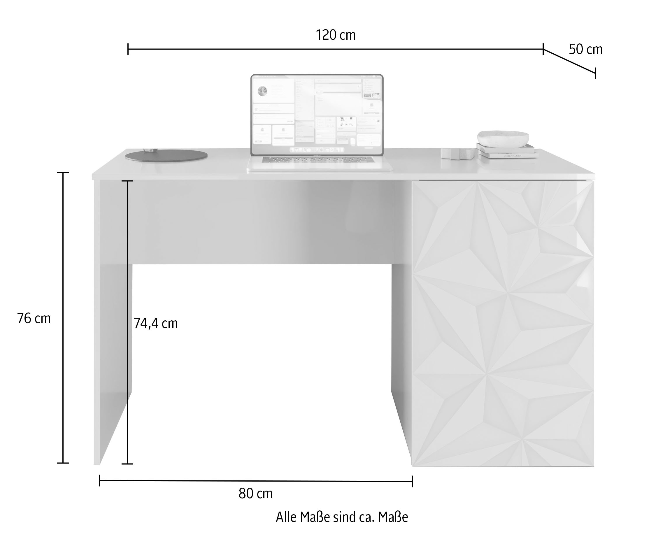 INOSIGN Schreibtisch »Prisma, Breite 120 cm, Tiefe 50 cm, mit Stauraum (1 Tür - 2 Fächer),«, Computertisch, Arbeitstisch, Schminktisch, Tür mit Siebdruck