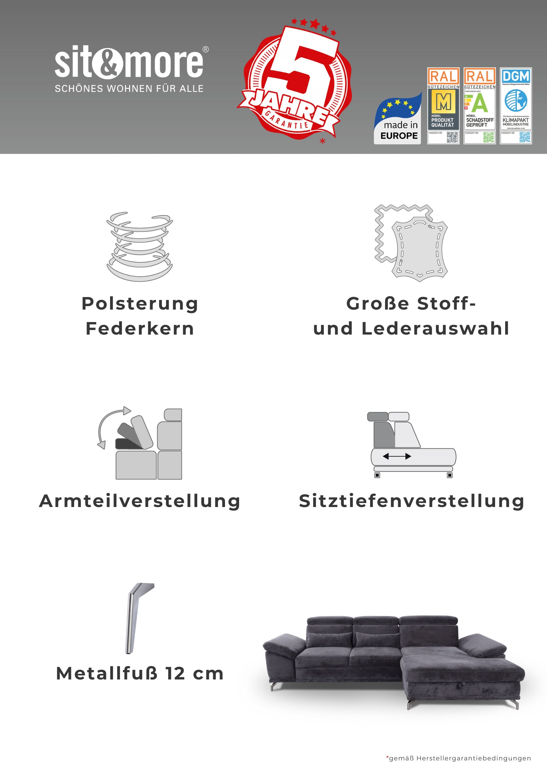 sit&more Hocker »Cabrio, B: 133 cm« individuell zu kombinieren, Federkern