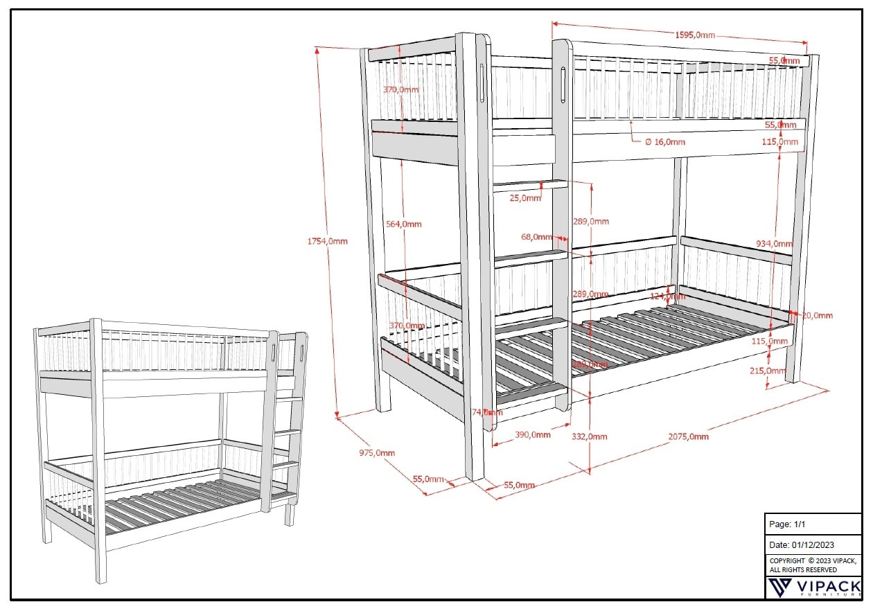 Vipack Etagenbett »Forrest in Buche massiv natur lackiert, umlaufende Sprossen-Optik« 2 Liegeflächen 90/200 cm, Pfostenstärke 55x55 mm, stabil gebaut,  inkl. Rolllattenroste, ideale Raumnutzung im Kinderzimmer
