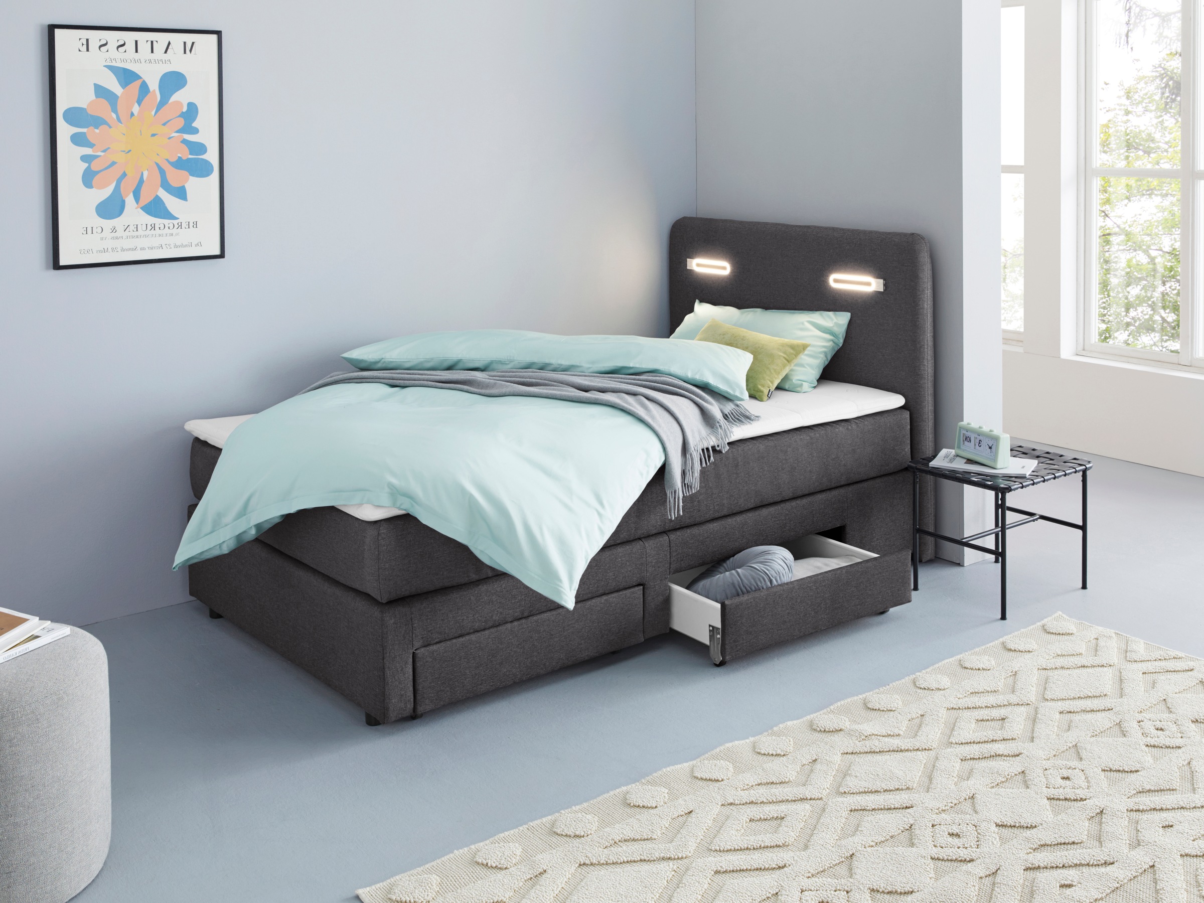 INOSIGN Boxbett »Luan«, Schubkästen, LED-Beleuchtung und Topper, in Breite 120 cm und 180 cm