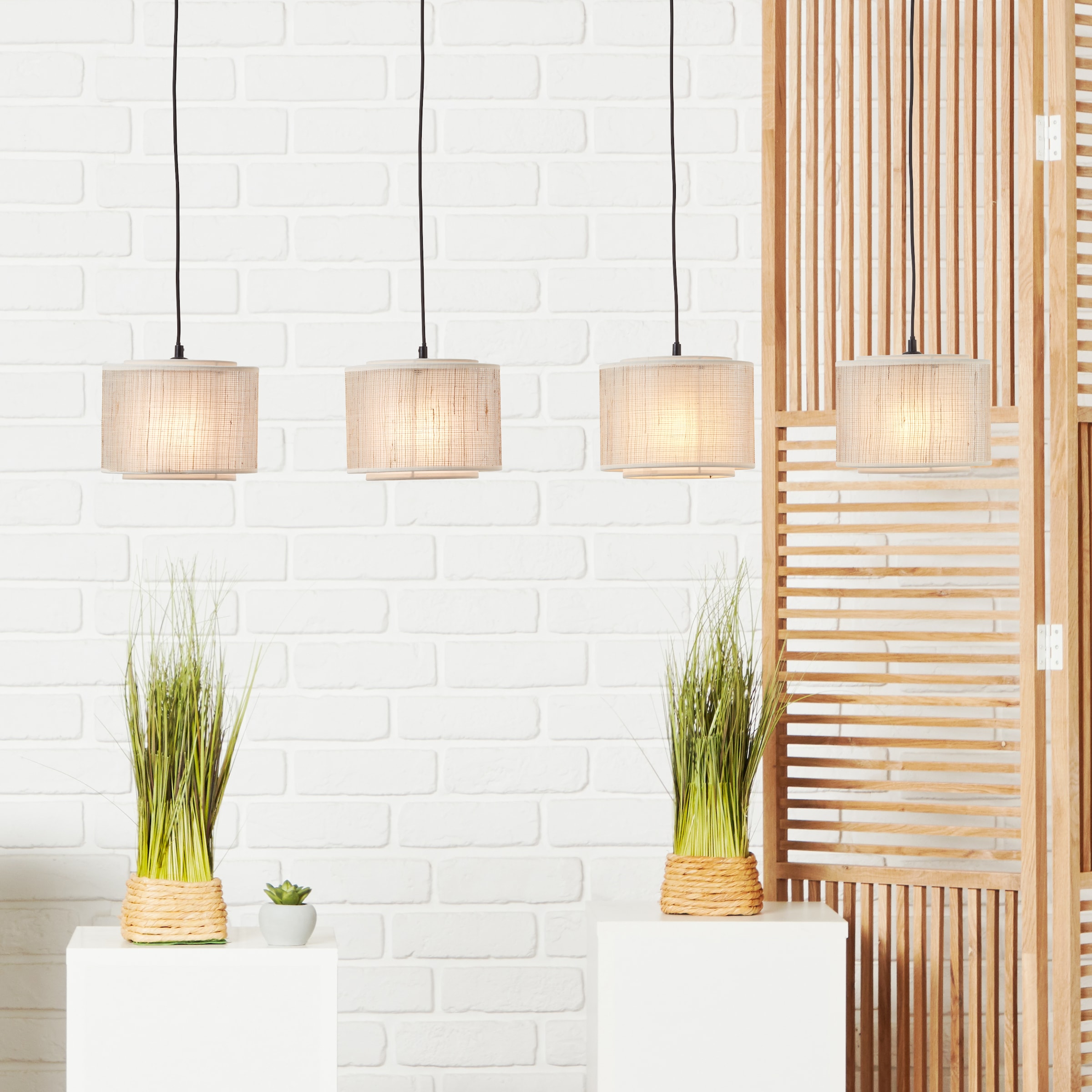 Brilliant Pendelleuchte »Odar«, 4 flammig, Leuchtmittel E27 | ohne Leuchtmittel, 4 flammig, 113,5 cm Höhe, E27, Metall/Textil/Papier, schwarz/beige