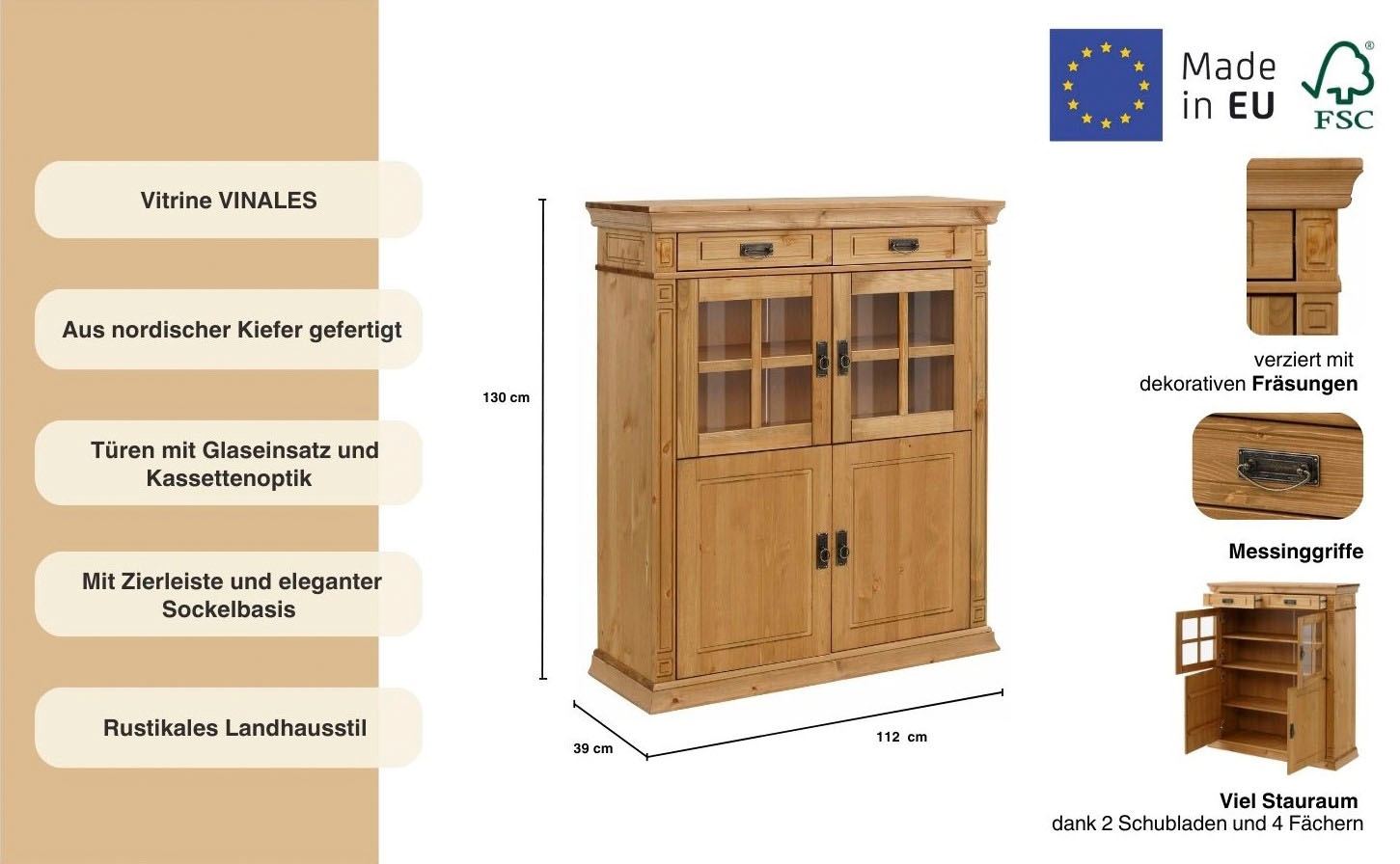 Home affaire Highboard »Vinales«, Vitrine, Breite 112 cm