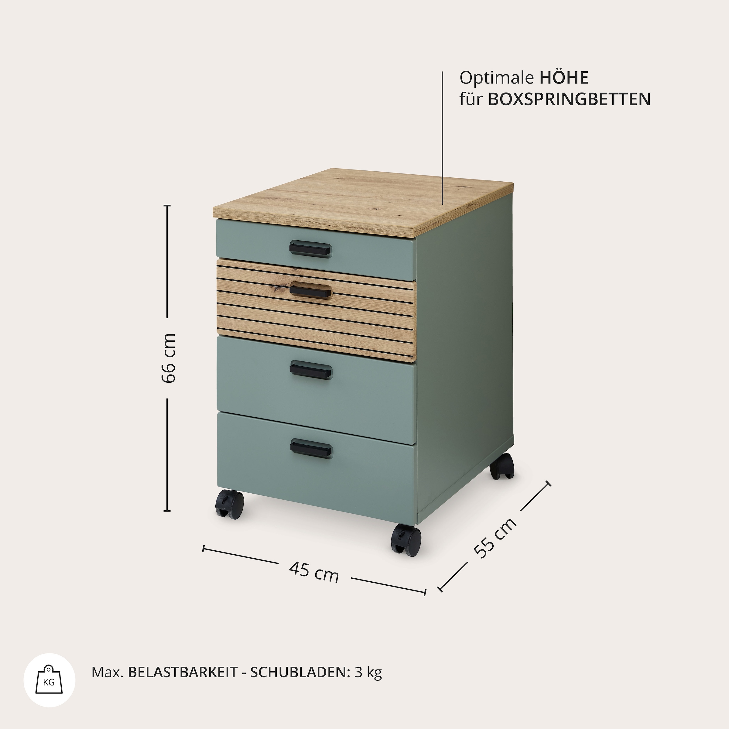 Innostyle Rollcontainer »Nachtkommode Glenn, 45 x 66 x 55 cm (B/H/T)«, (1 St.), inkl. Filzeinlage, 4 Rollen (2 mit Bremsen) oder Sockel, SK Soft-Close
