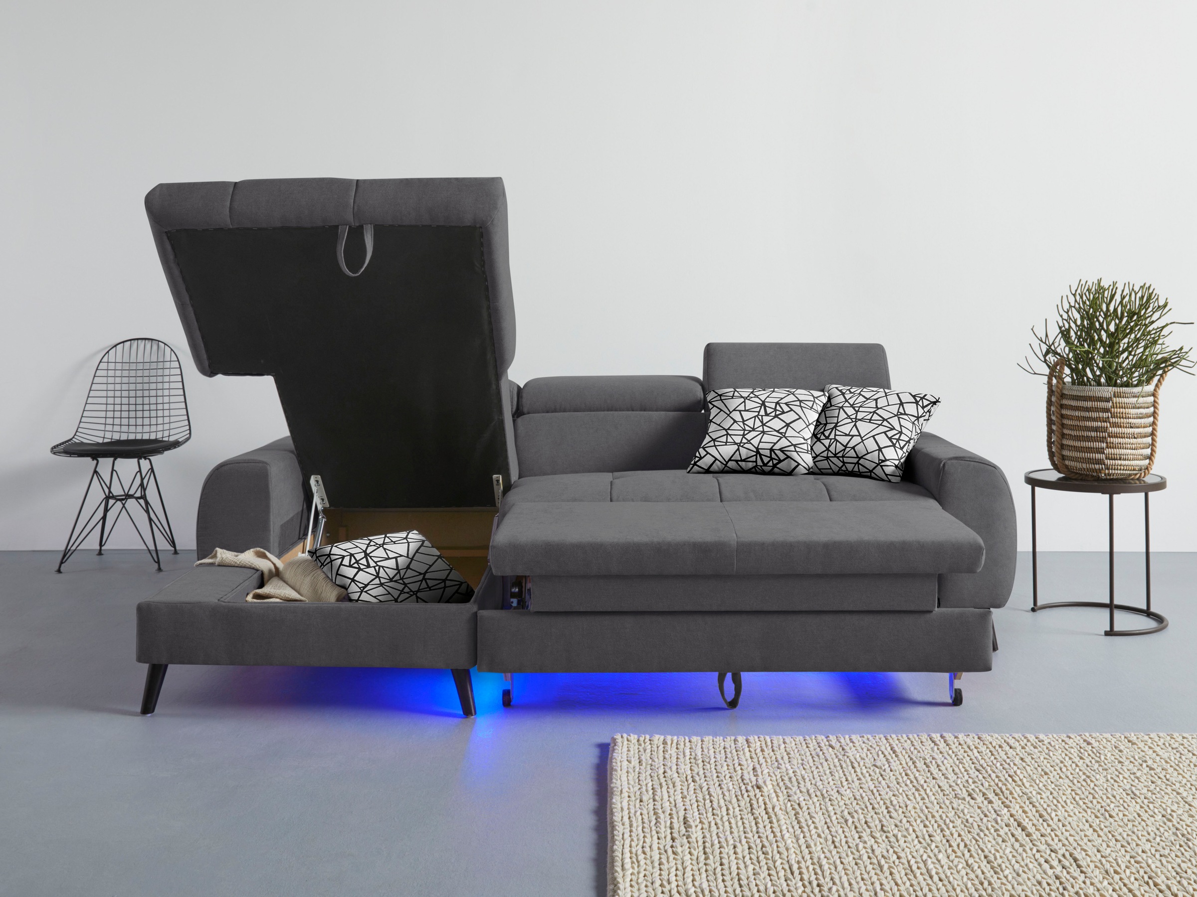 COTTA Ecksofa »Mia L-Form mit 3 Zierkissen«, wahlweise mit Bettfunktion, Bettkasten, Beleuchtung & Wireless-Charger