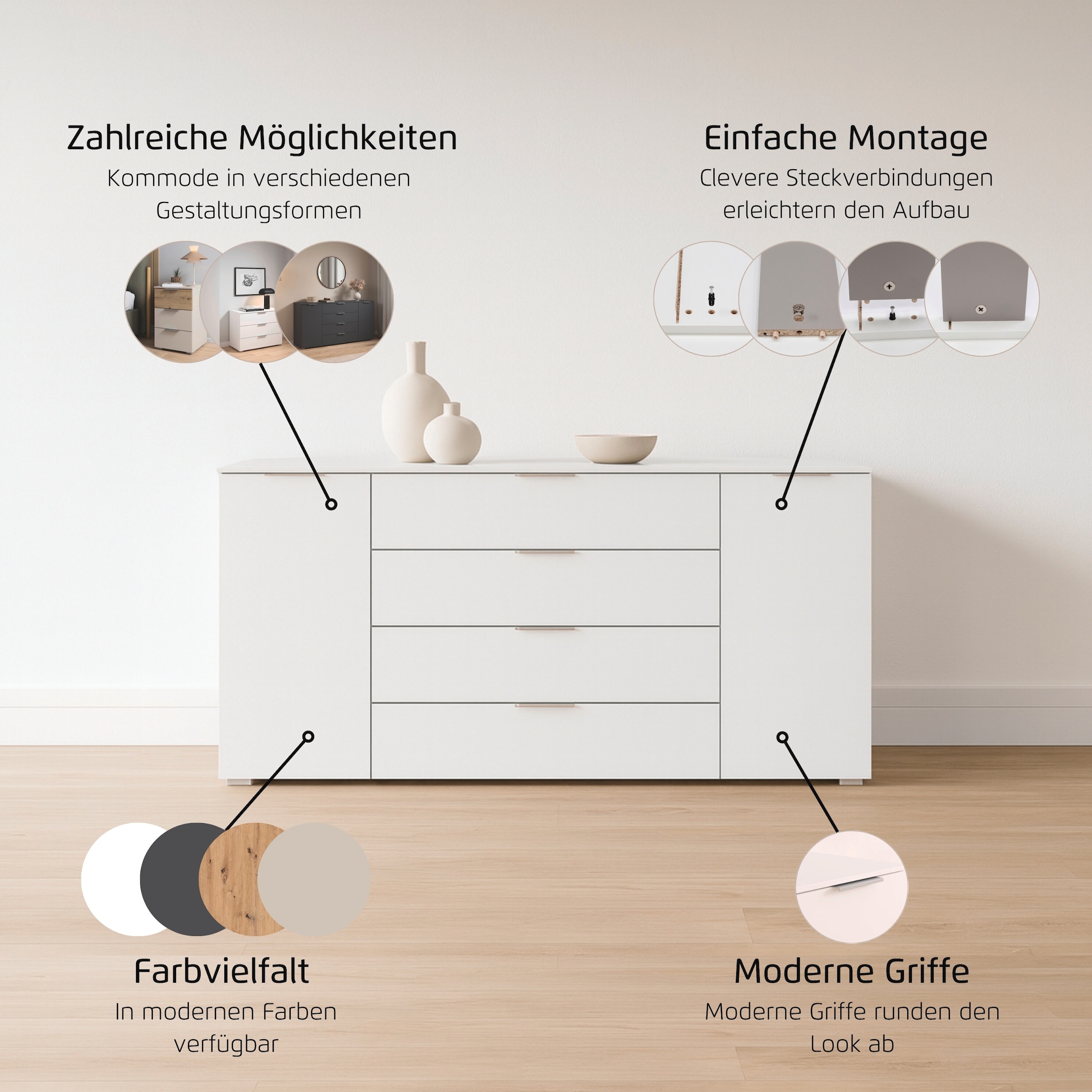 rauch Kombikommode »Sideboard Türkommode Schubladenkommode Kommode ASTANA« Breite 160 cm / Höhe 81 cm, mit 4 Einlegeböden,  2-türig, 4 geräumige Schubladen, Kantengriff Alufarben MADE IN GERMANY