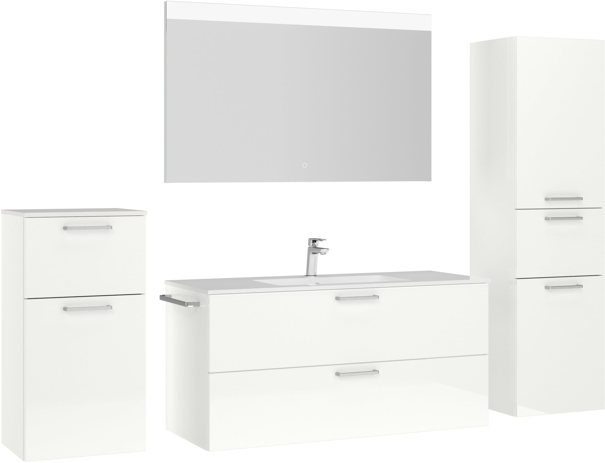 nobilia® Badmöbel-Set »Tolvina«, (4 St., vormontiert, mit Soft-Close), Hochglanz, inkl. Spiegel mit Touch-Sensor, in vier Breiten