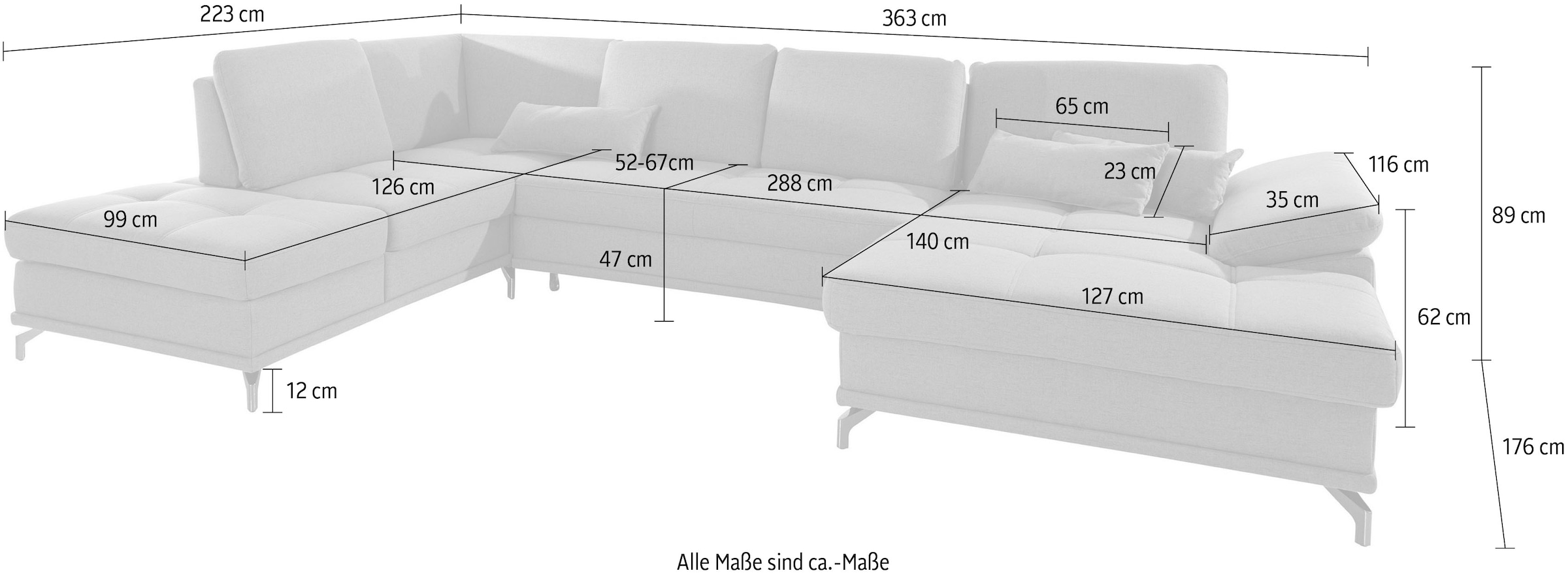 Places of Style Wohnlandschaft »Costello U-Form, B: 363 cm mit Sitztiefen-, Armteilverstellung &«, 3 Nierenkissen, optional Bettfunktion & Bettkasten