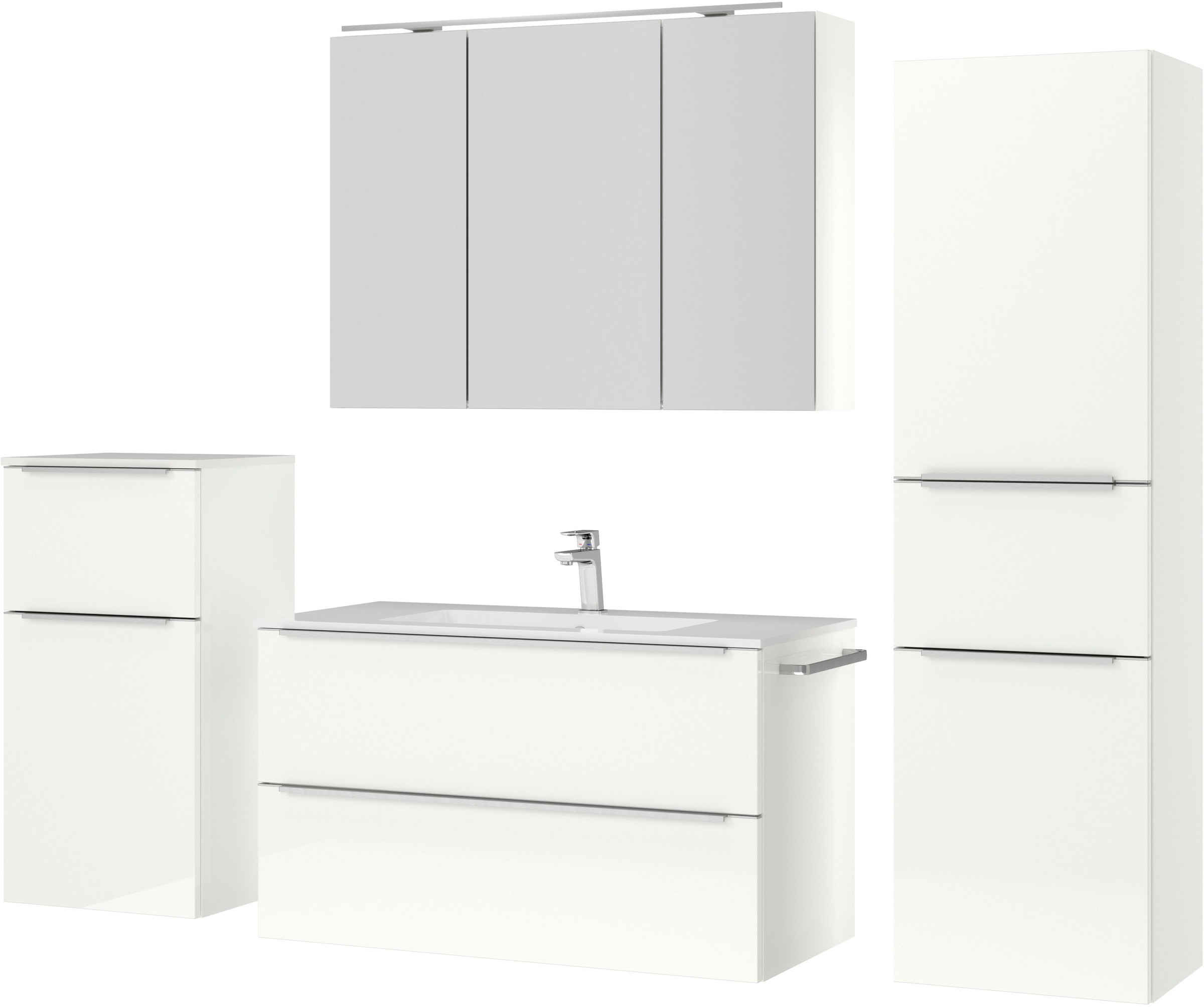 nobilia® Badmöbel-Set »Levere«, (4 St., vormontiert, mit Soft-Close), inkl. Spiegelschrank mit Beleuchtung und Dimmerfunktion, in 4 Breiten
