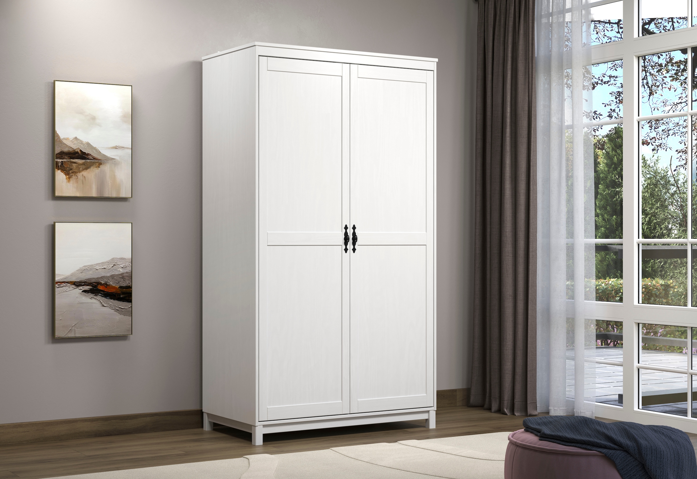 Home affaire Kleiderschrank »Sandnes Kieferschrank Schlafzimmer Schrank TOPSELLER weiß«, (1 St., natürlicher Landhaus-Look B/T/H = 108x60x194cm), Massivholz Schlafzimmerschrank mit besonderen Metallgriffen