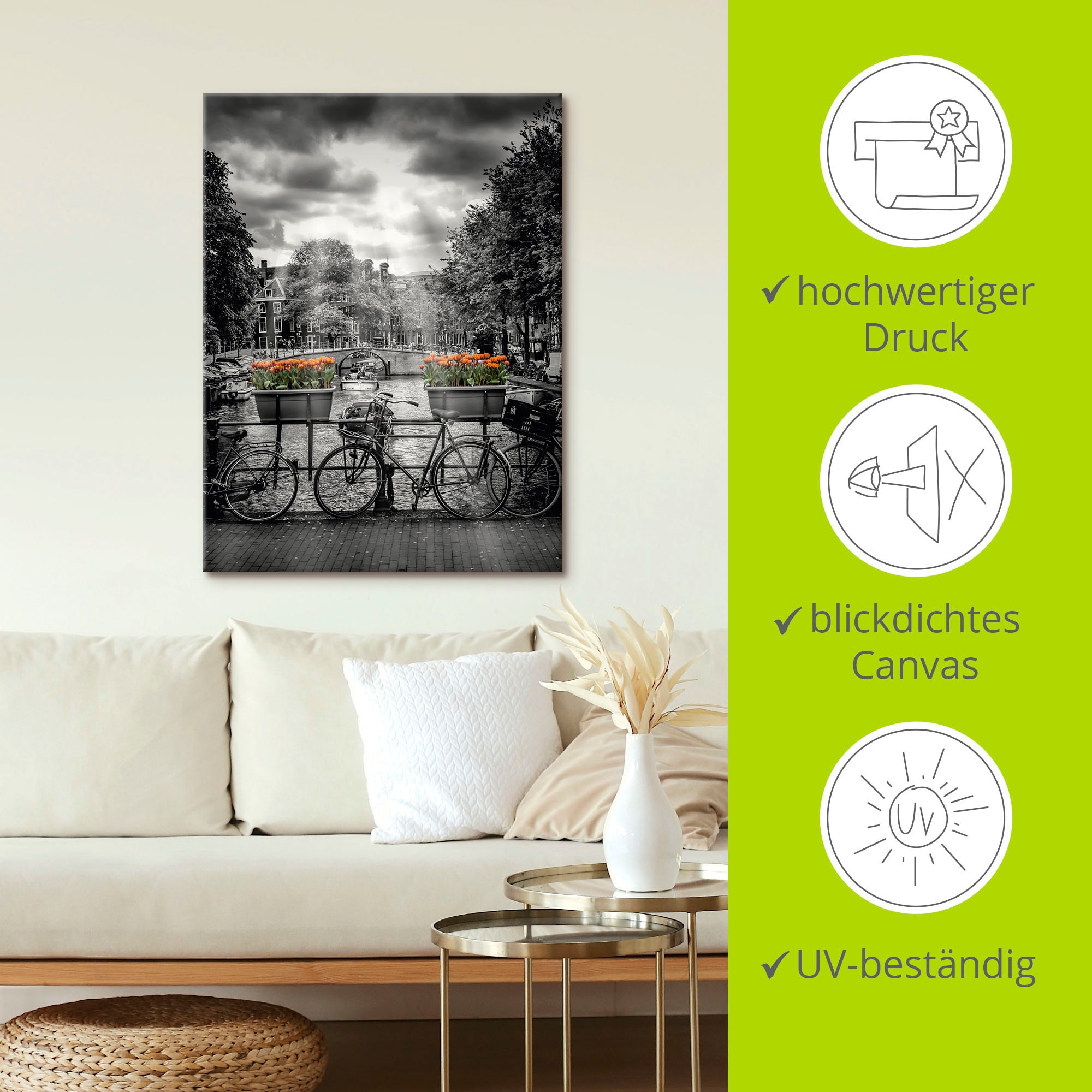 Artland Wandbild »Amsterdam Herengracht & Sonnenstrahlen«, Fahrräder, (1 St.), als Leinwandbild, Poster in verschied. Größen