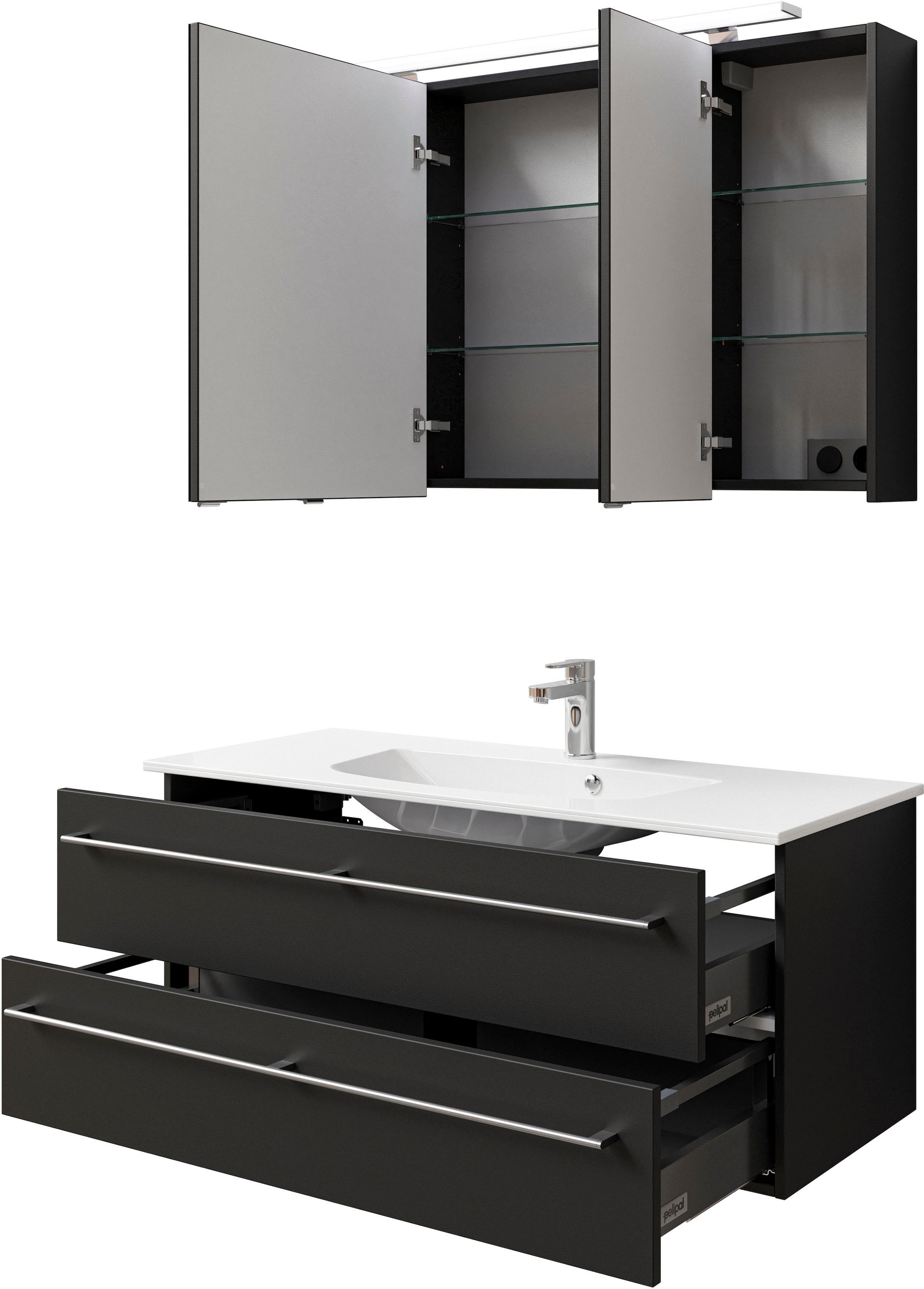 Saphir Badmöbel-Set »Serie 6025 2-teilig Mineralmarmor-Waschtisch mit LED-Spiegelschrank«, (2 St.), Waschplatz 117cm breit, 2 Schubladen, 3 Spiegel-Türen, inkl Türdämpfer