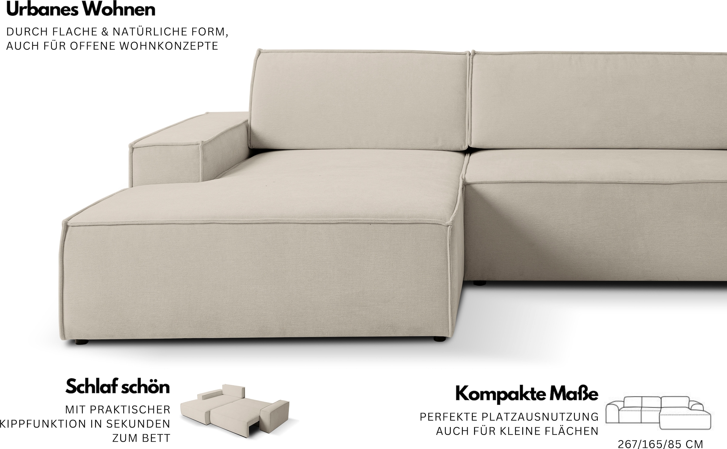 WERK2 Ecksofa »Treviso 267 x 165 cm mit Bett und Bettfunktion, bequem, viel Platz« Struktur HOLMS, L-Form, Schlaffunktion, Bettkasten
