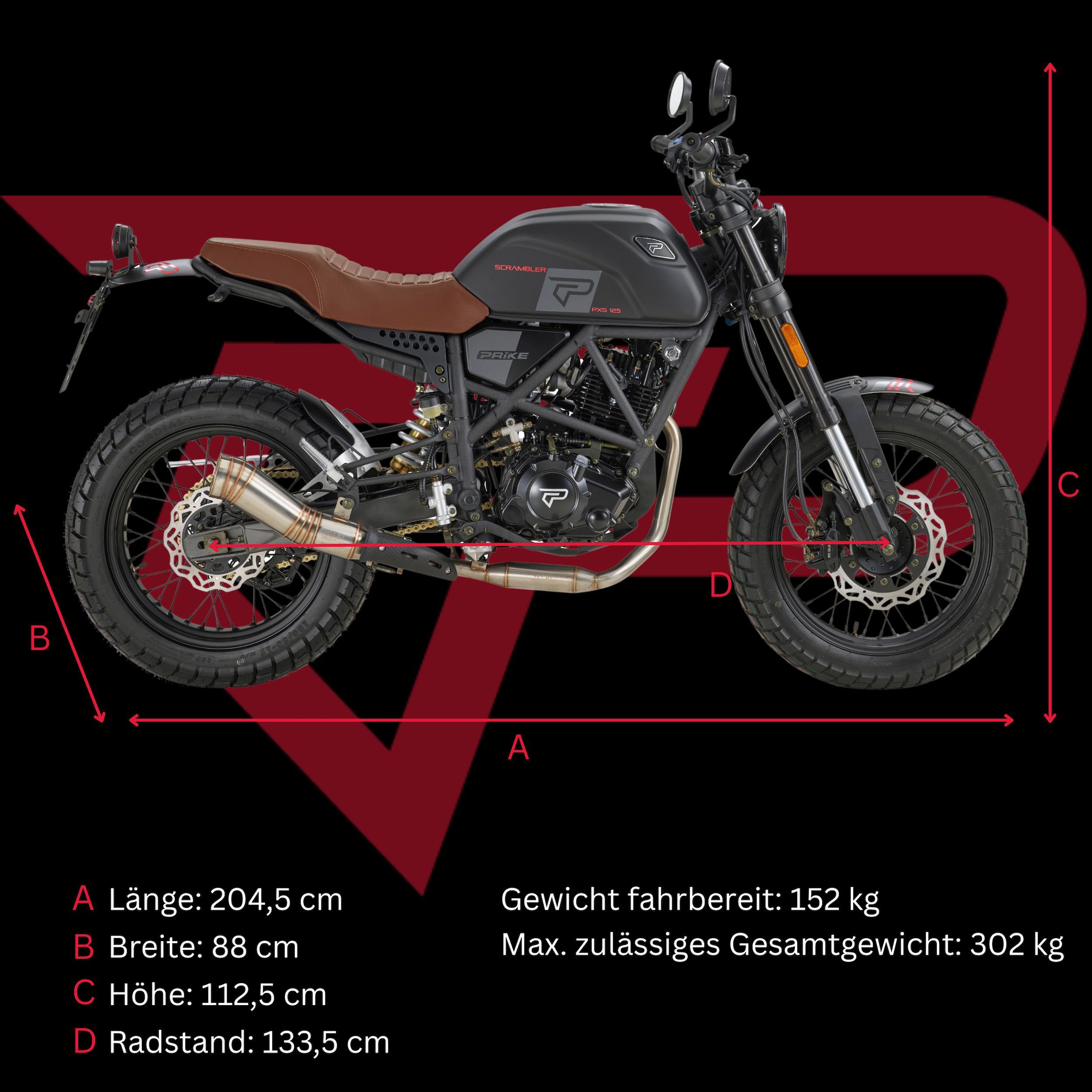 PRIKE Motorrad »PXS 125 Scrambler, E5+« 124 cm³ 85 km/h Euro 5+ 9,9 7,3 kW, 9,9 PS, CBS, 125er Scrambler-Design, digitales Cockpit