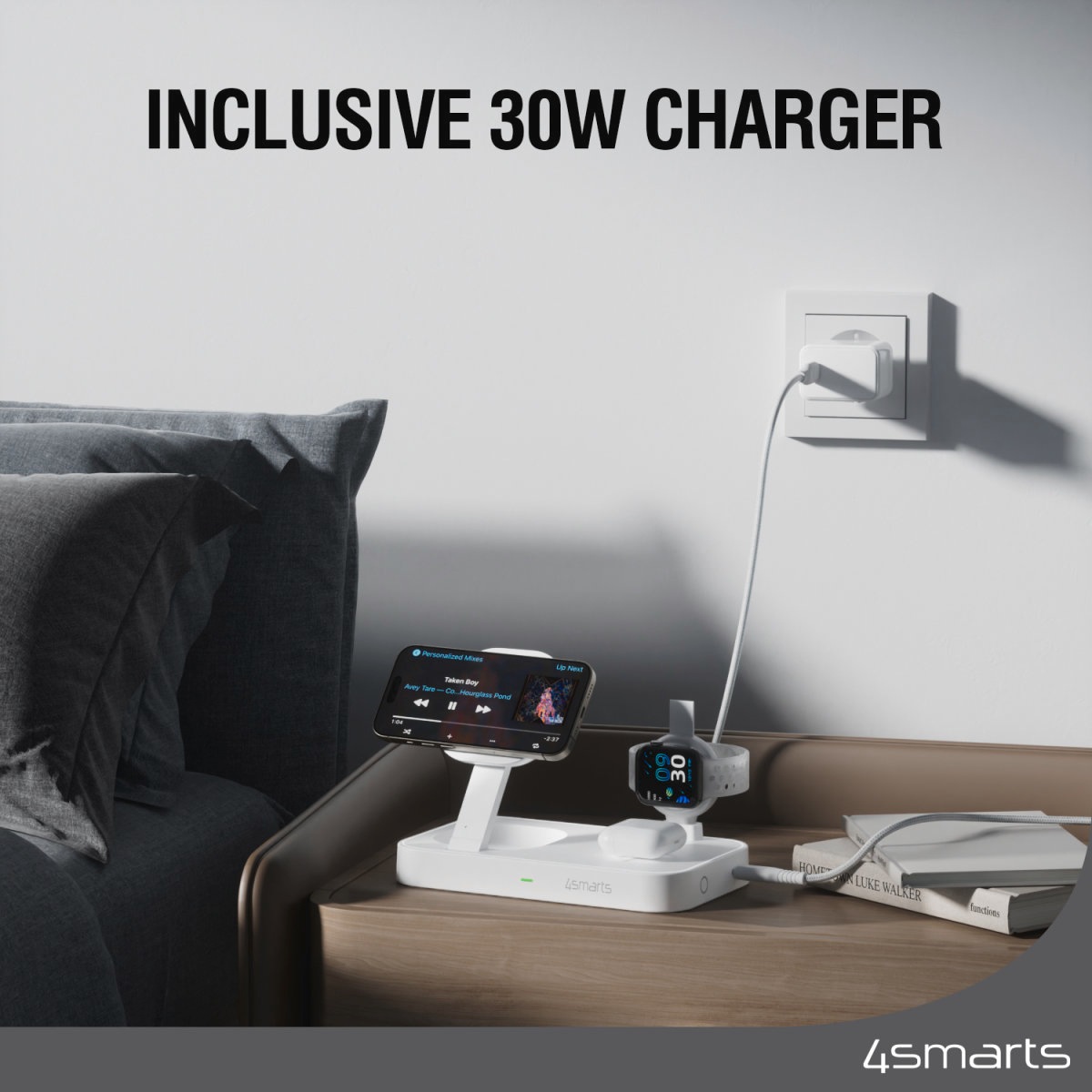 4smarts Wireless Charger »Qi2 Ladestation Trident mit MFi Fast Charger«, für Apple iPhone, Watch 1/2/3/4/5/6/7/8/9/SE, Ultra, Ultra 2 und iPods