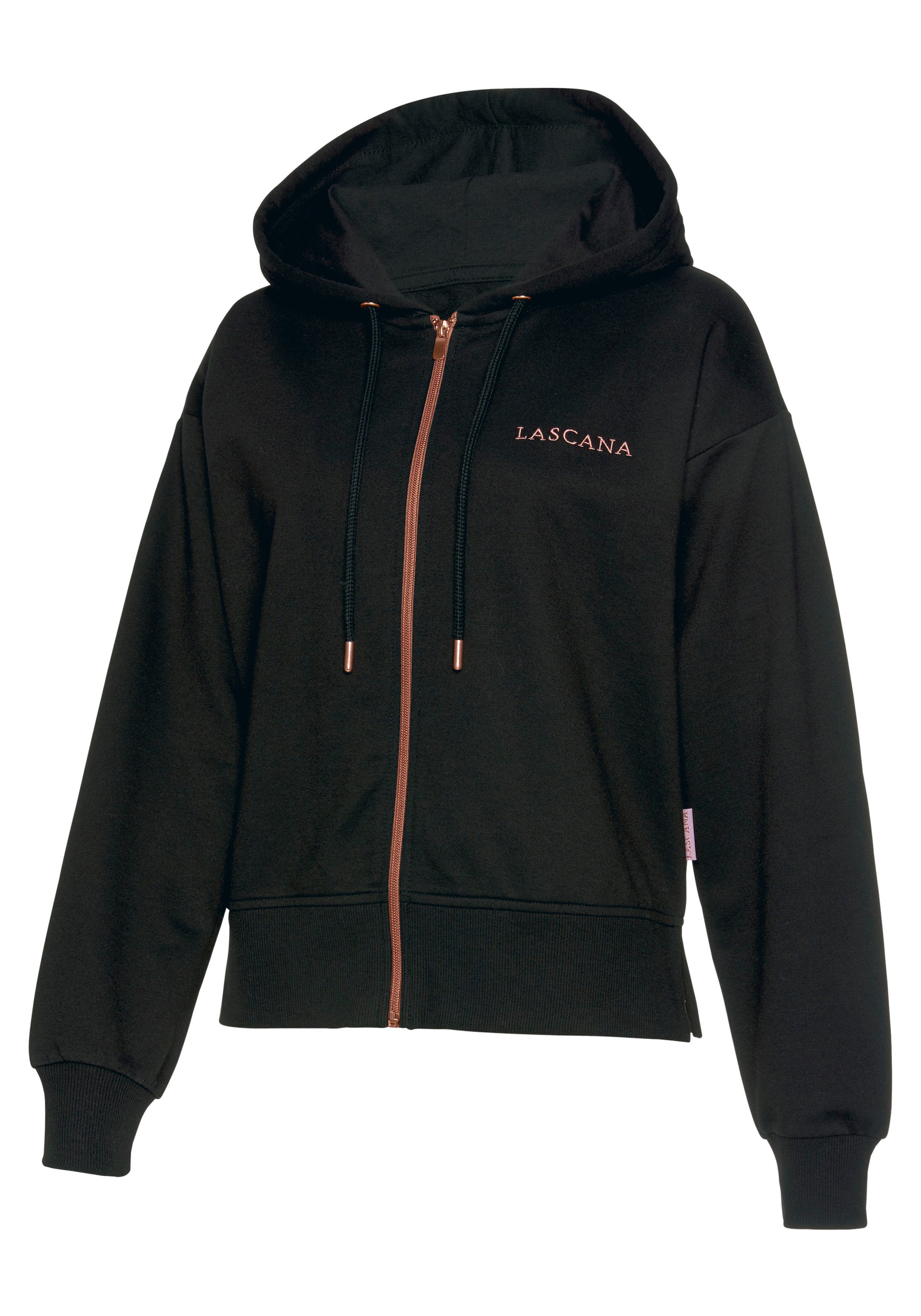 LASCANA Kapuzensweatjacke, mit kupferfarbenen Reißverschluss und Logostickerei, Loungewear