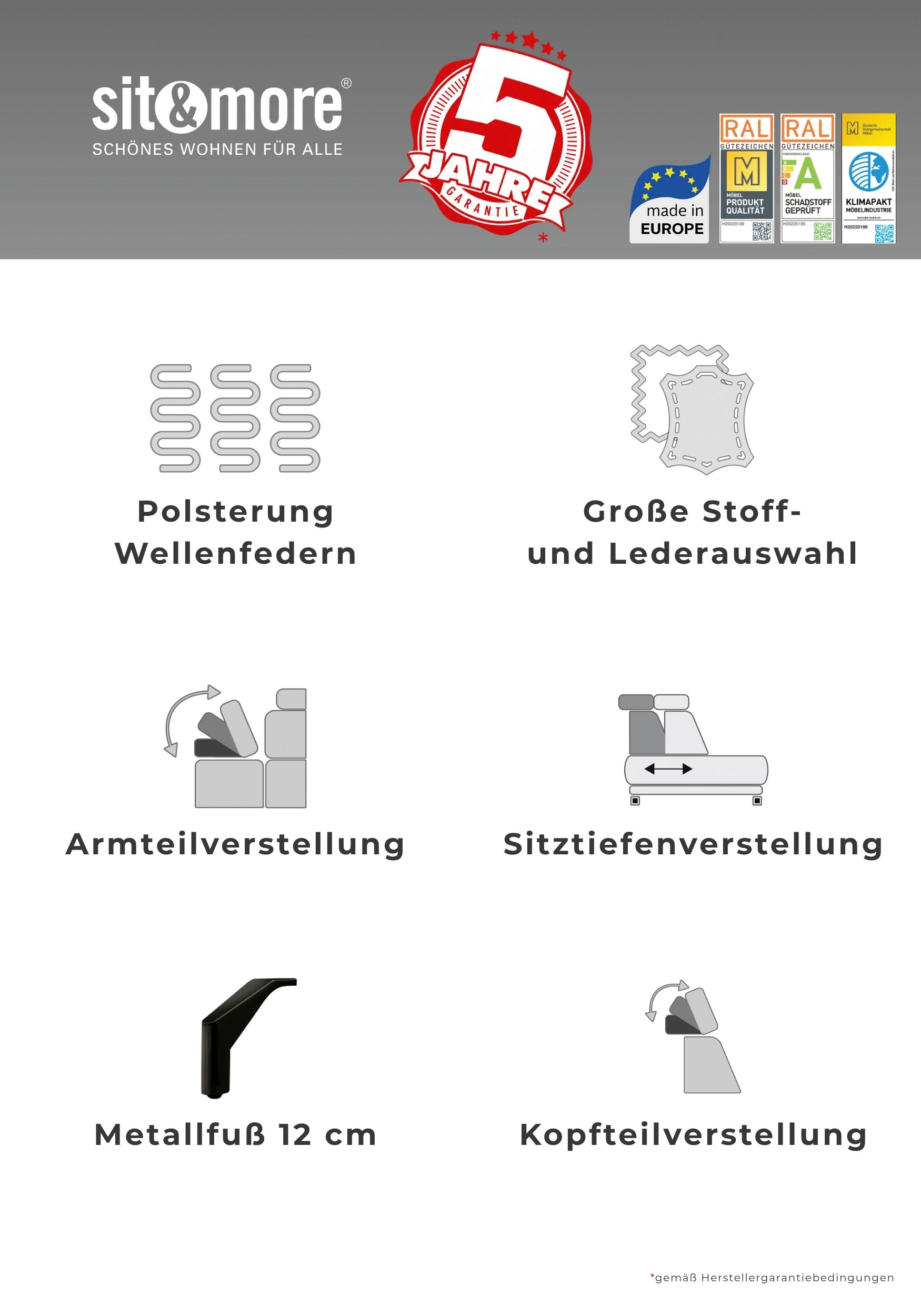 sit&more Ecksofa »Vanity L-Form, B: 254 cm, mit Sitz-, Kopf- und Armteilverstellung« Couch optional mit Schlaffunktion & Bettkasten, Leder