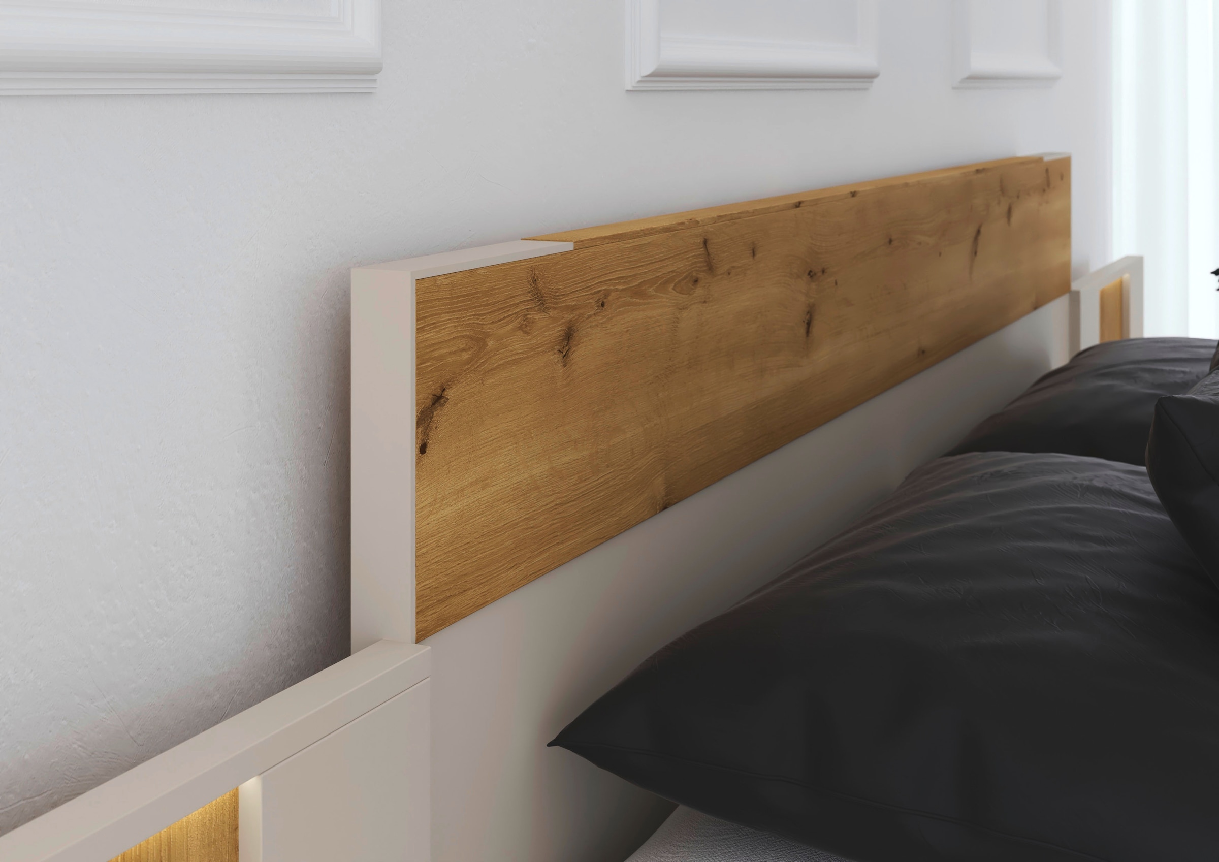 rauch Bettanlage »Bett Doppelbett Komfortbett Schlafzimmer Nachttische KONA« Set, Bett 180x200 oder 200x200, 2x Hängenachttisch, 2x Paneele mit Bel., 5 tlg. tlg. Absetzung Asteiche massiv, mit Soft-Close-Funktion MADE IN GERMANY