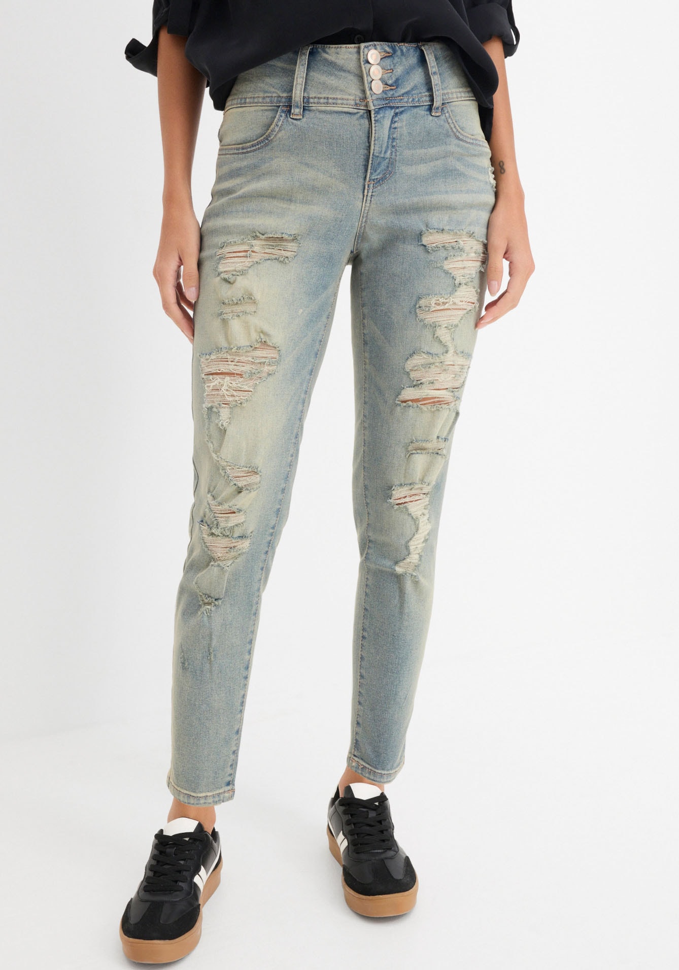 bonprix Skinny-fit-Jeans »Skinny Jeans High Waist, Stretch« Skinny-fit, mit breitem High Waist Bund, coole Destroyed Effekte