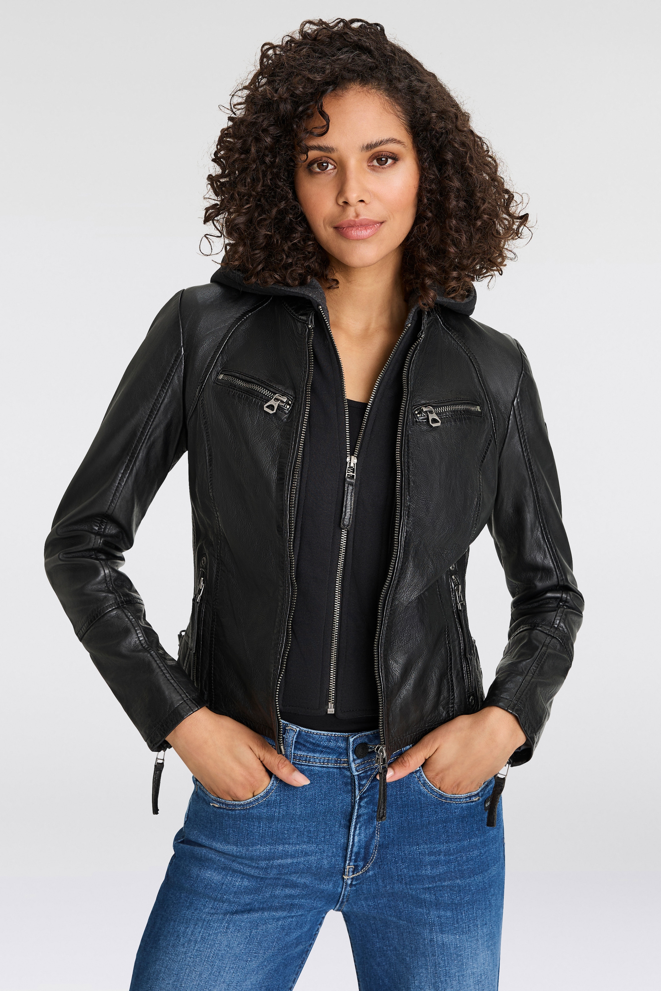 Mauritius Lederjacke »NOLA«, mit Kapuze, Two-in-One Style - mit abnehmbarer Jersey-Kapuze